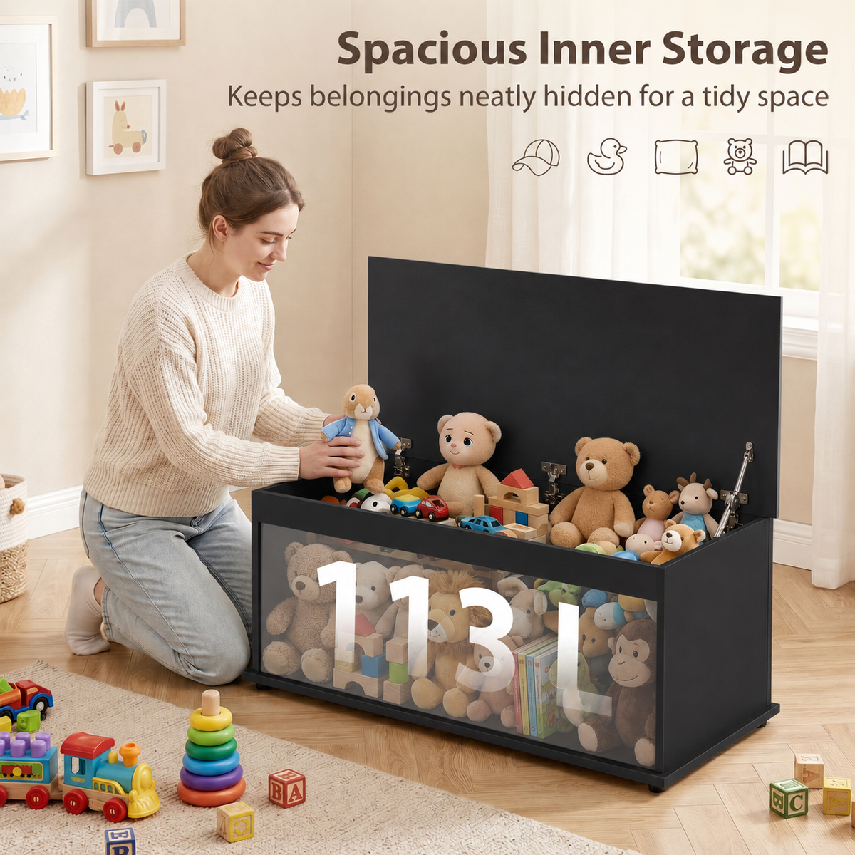 113L Storage Chest with Flip-Top Lid and 2 Safety Hinges for Living Room, Entryway, Black