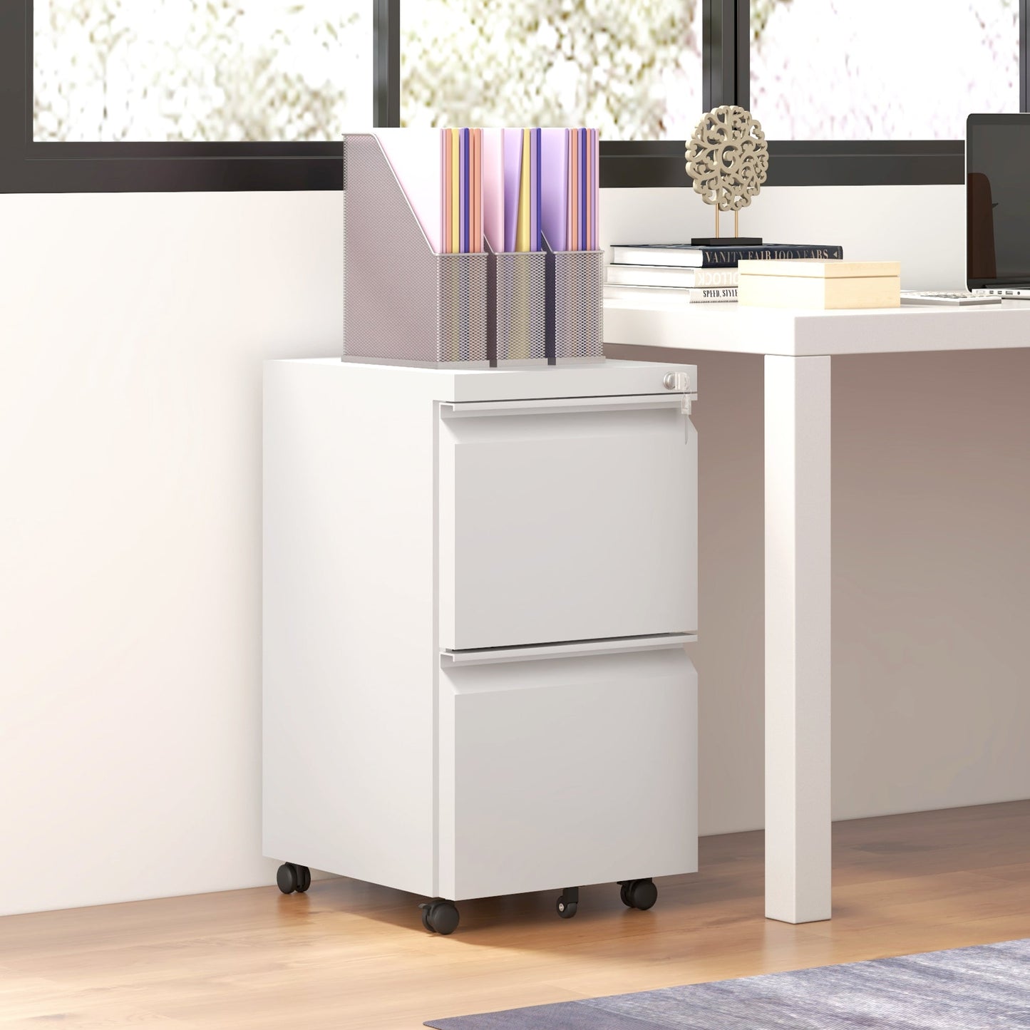 Vinsetto 2-Drawer Mobile Filing Cabinet, Steel Lockable File Cabinet for Letter, A4 and Legal Size, Pre-Assembled Body, White