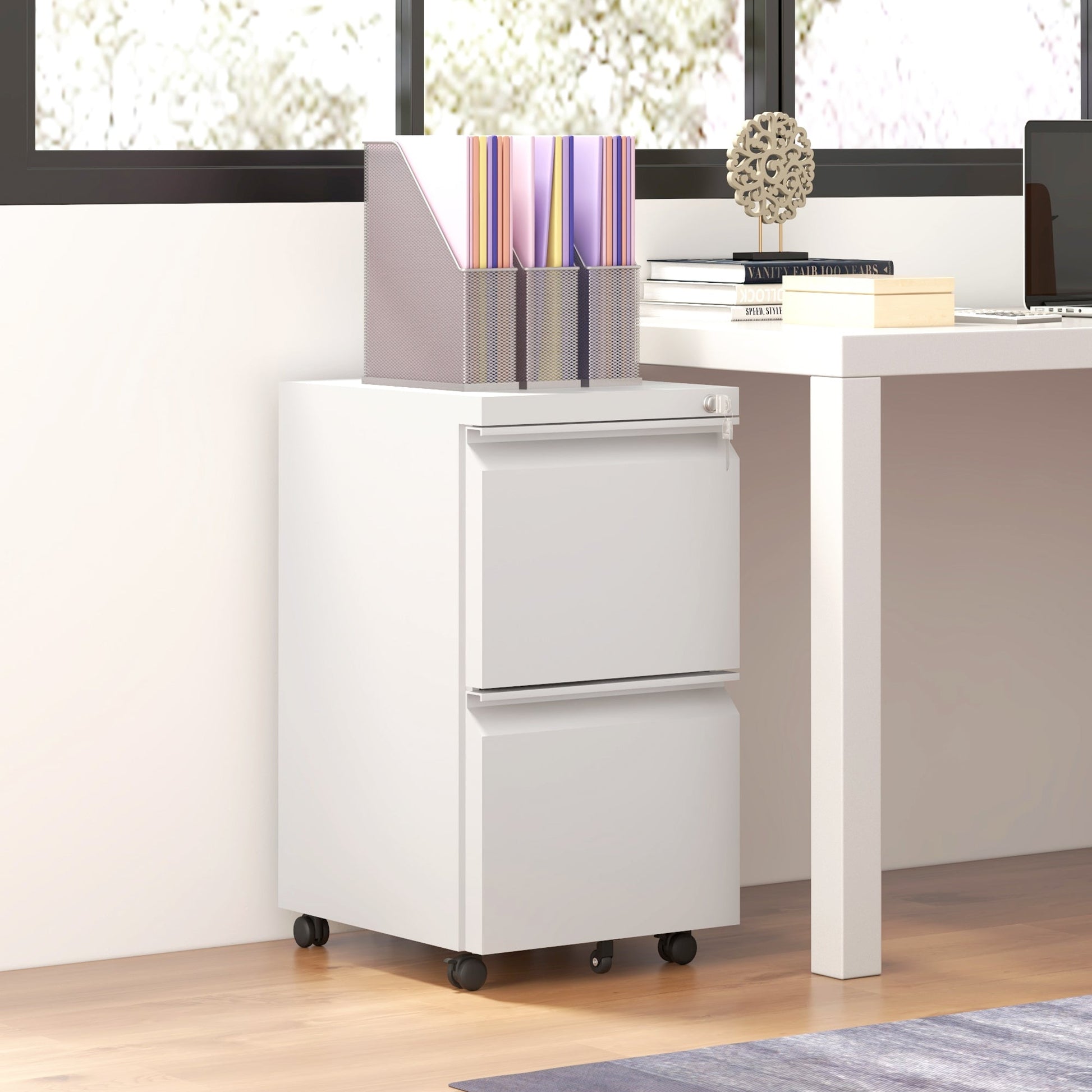 Vinsetto 2-Drawer Mobile Filing Cabinet, Steel Lockable File Cabinet for Letter, A4 and Legal Size, Pre-Assembled Body, White