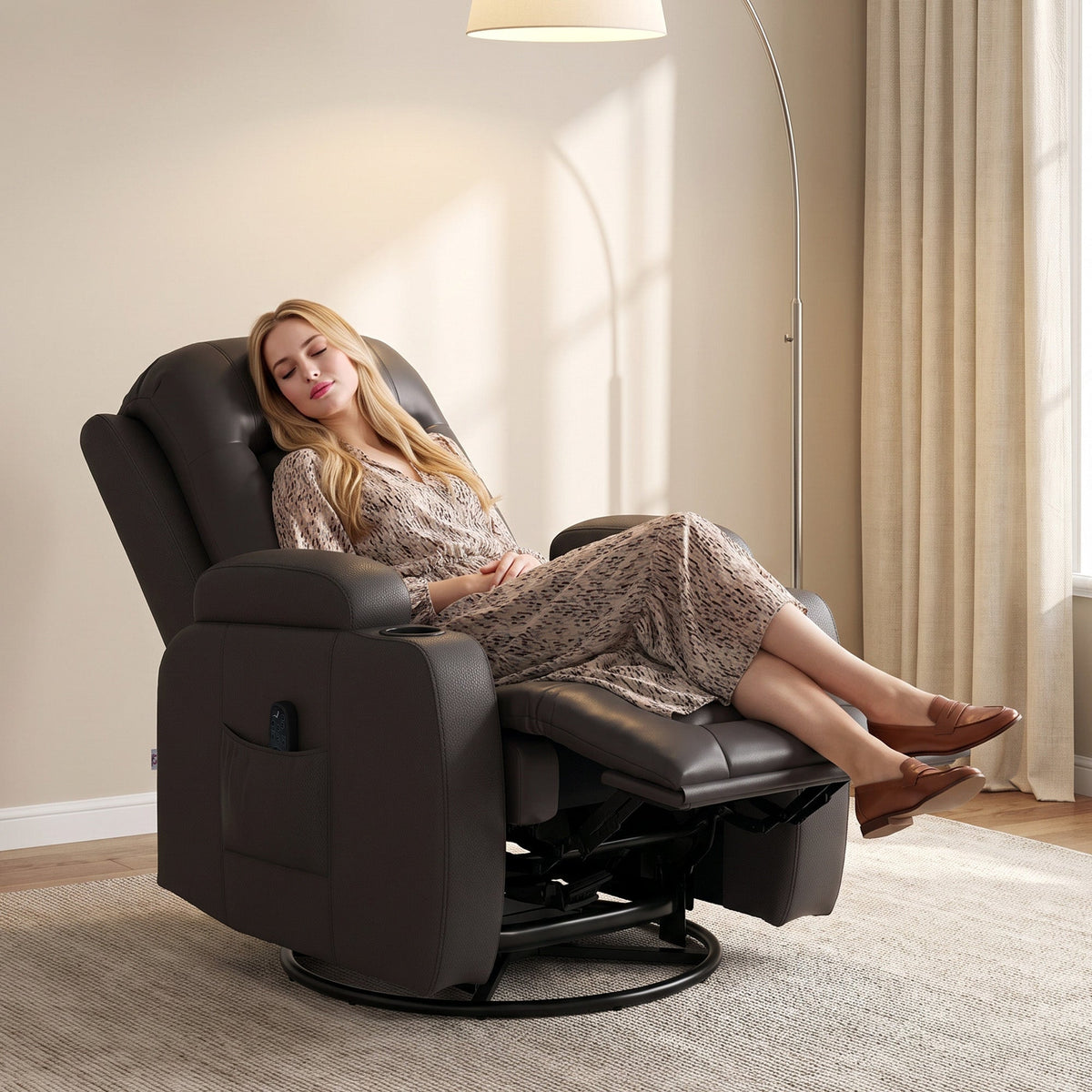 Recliner Armchair with Massage & Heat, Swivel Rocking Recliner Chair with Extended Footrest, Cup Holders and Side Pockets, PU Leather Manual Reclining Chair for Living Room, Dark Brown