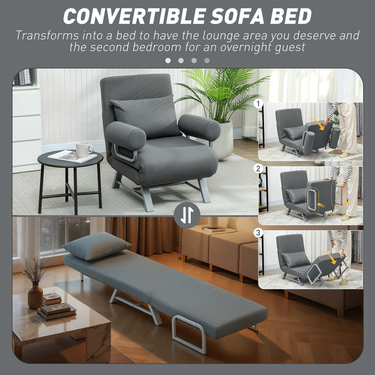 Single Sofa Bed, 3-in-1 Convertible Folding Chair Bed with Adjustable Backrest, Removable Armrests, Steel Legs, Linen Sleeper Chair for Living Room, Bedroom, Small Space, Dark Grey