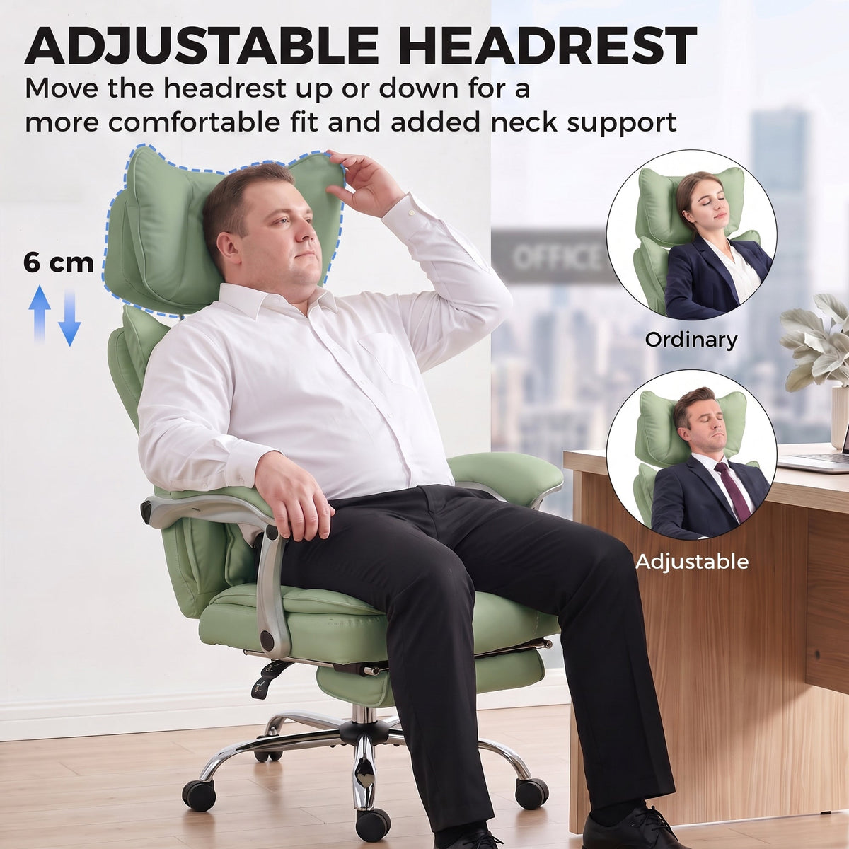 Executive Office Chair, 180kg Big and Tall PU Leather Desk Chair with Adjustable Headrest, Lumbar Support, Wide Seat, Reclining Back, Footrest, Swivel Wheels, Light Green