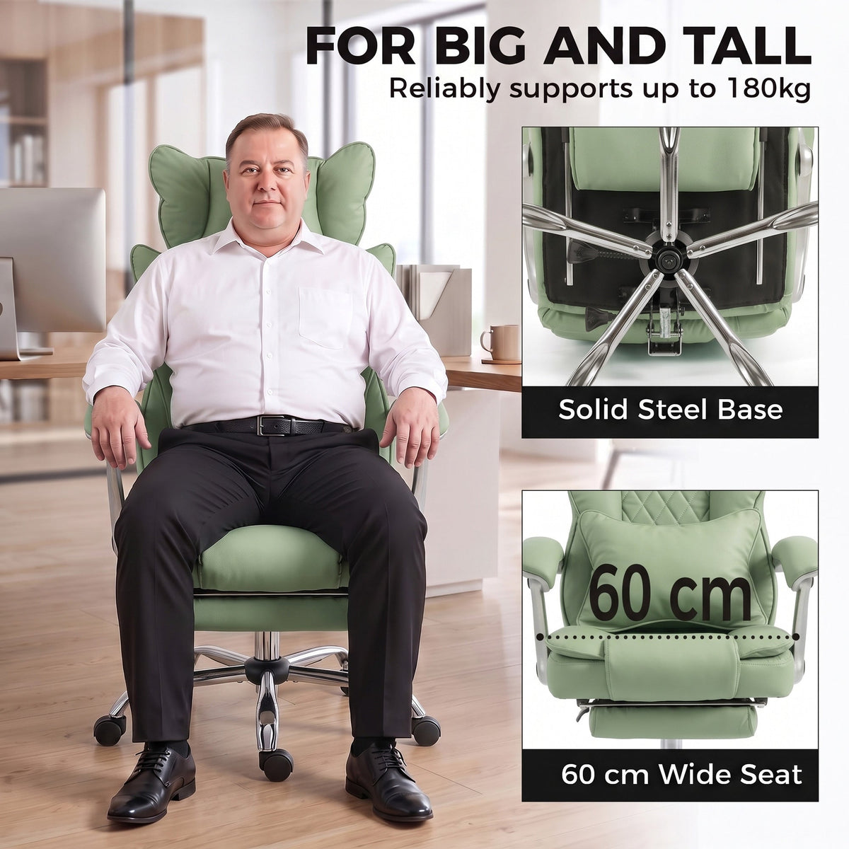 Executive Office Chair, 180kg Big and Tall PU Leather Desk Chair with Adjustable Headrest, Lumbar Support, Wide Seat, Reclining Back, Footrest, Swivel Wheels, Light Green