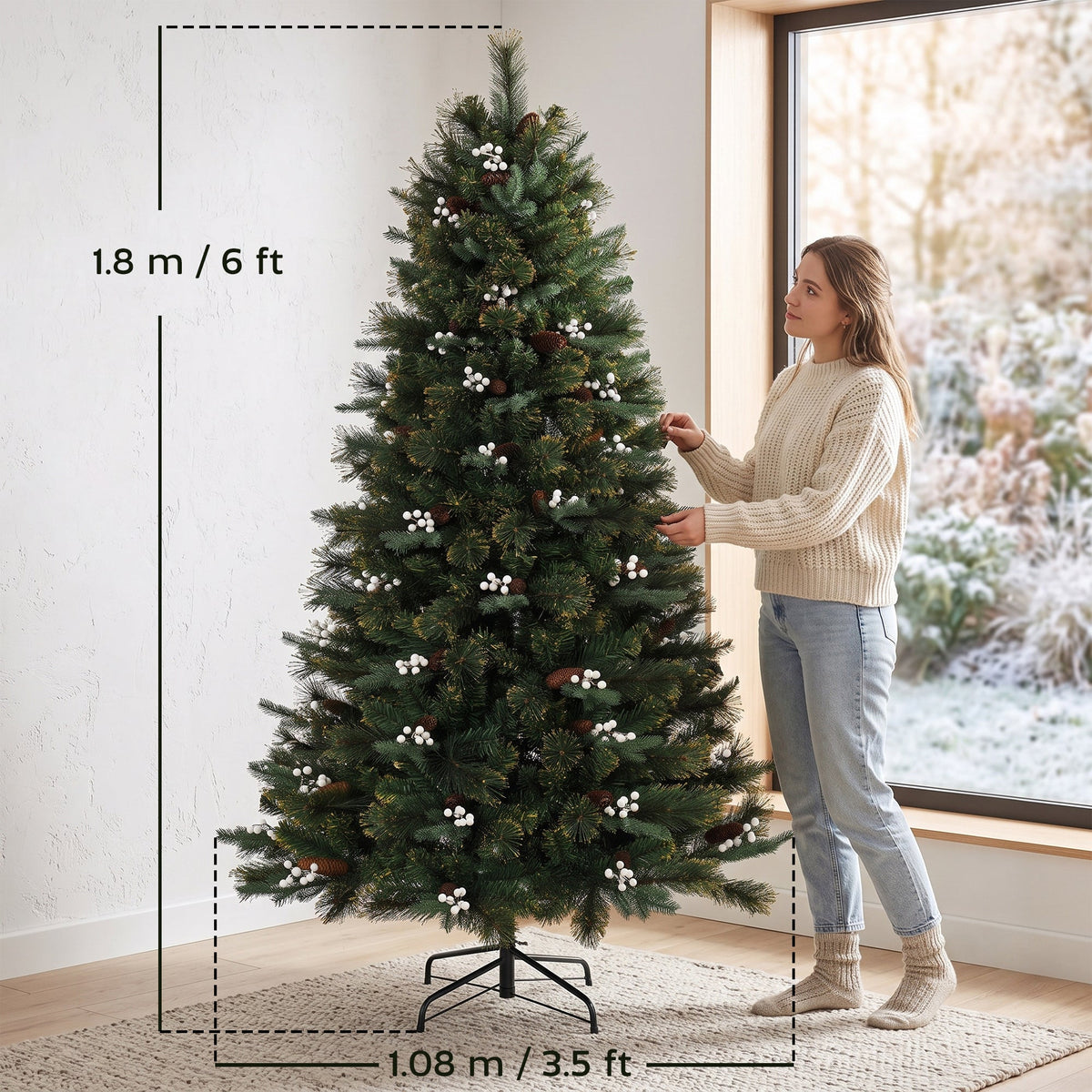 6ft/180cm Artificial Christmas Tree, Fir Hinged Xmas Tree with 716 Branch Tips, Foldable Metal Stand, Easy Assembly for Home Office Holiday Decoration, Green