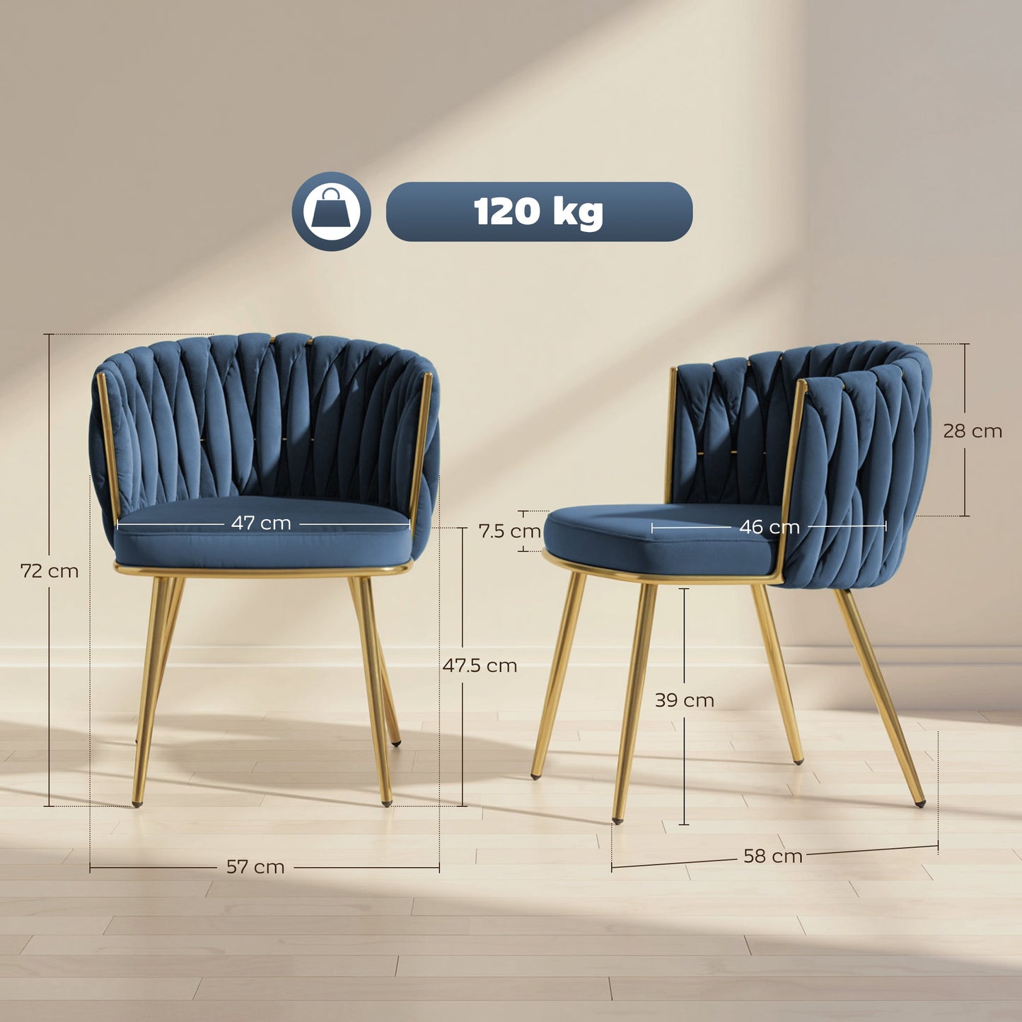 Velvet-Feel Dining Chairs Set of 2, Modern Upholstered Kitchen Chairs with Woven Backrest and Armrests, Metal Legs and Padded Seat for Dining Room, Bedroom, Living Room, Dark Blue