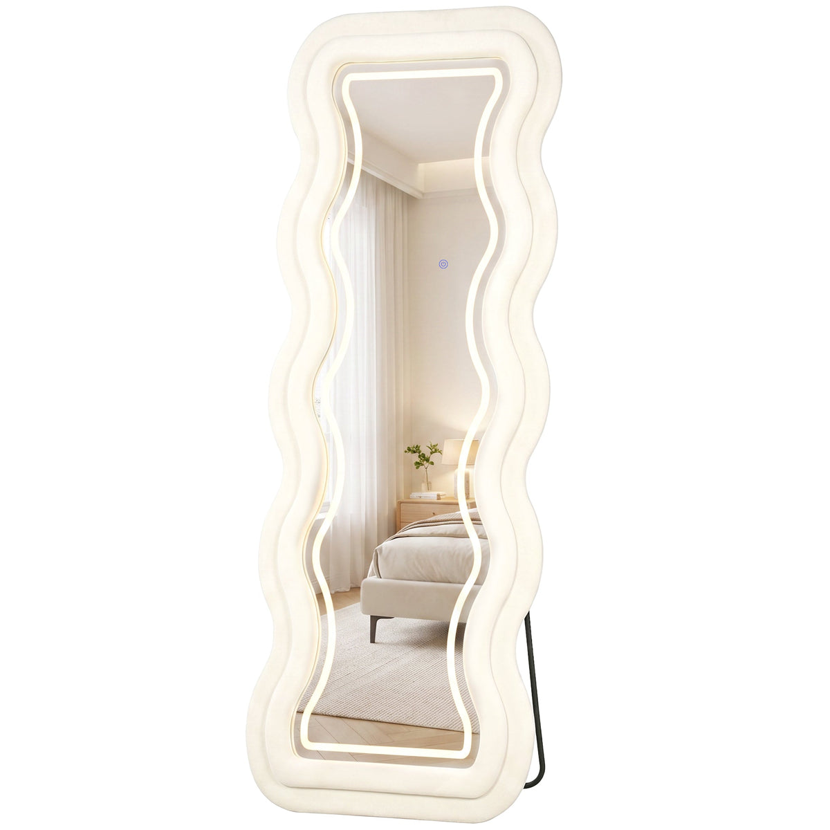 Full Length Mirror, 160 x 60 cm Arched Large Full Body Standing Mirror with Velvet Frame, HD Tempered Glass, Floor Standing, Wall Hanging or Leaning for Bedroom,  Living Room, Cream White