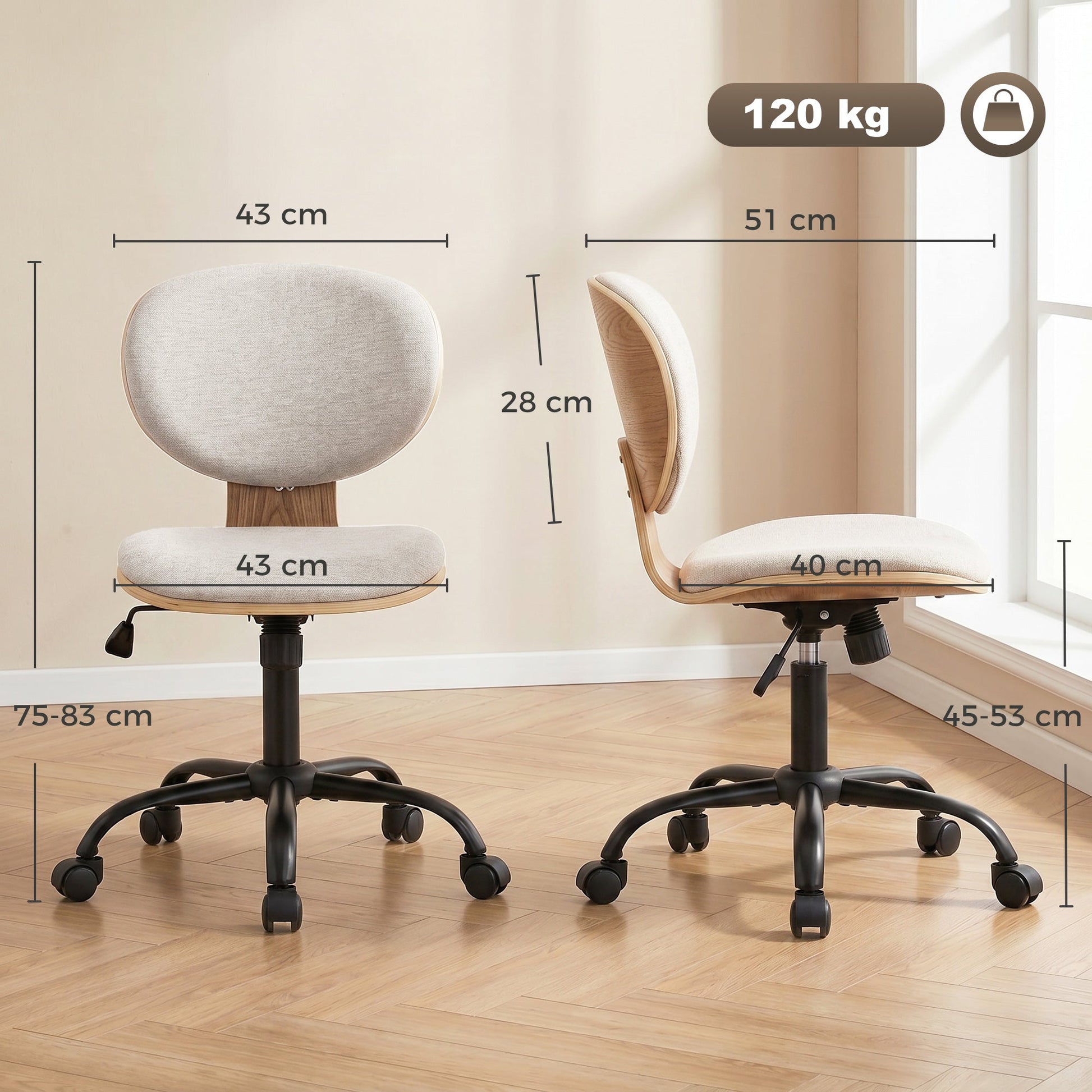 Home Office Chair, Swivel Computer Desk Chair with Rocking Function, Adjustable Height, Curved Back, Wheels, Armless, Light Grey