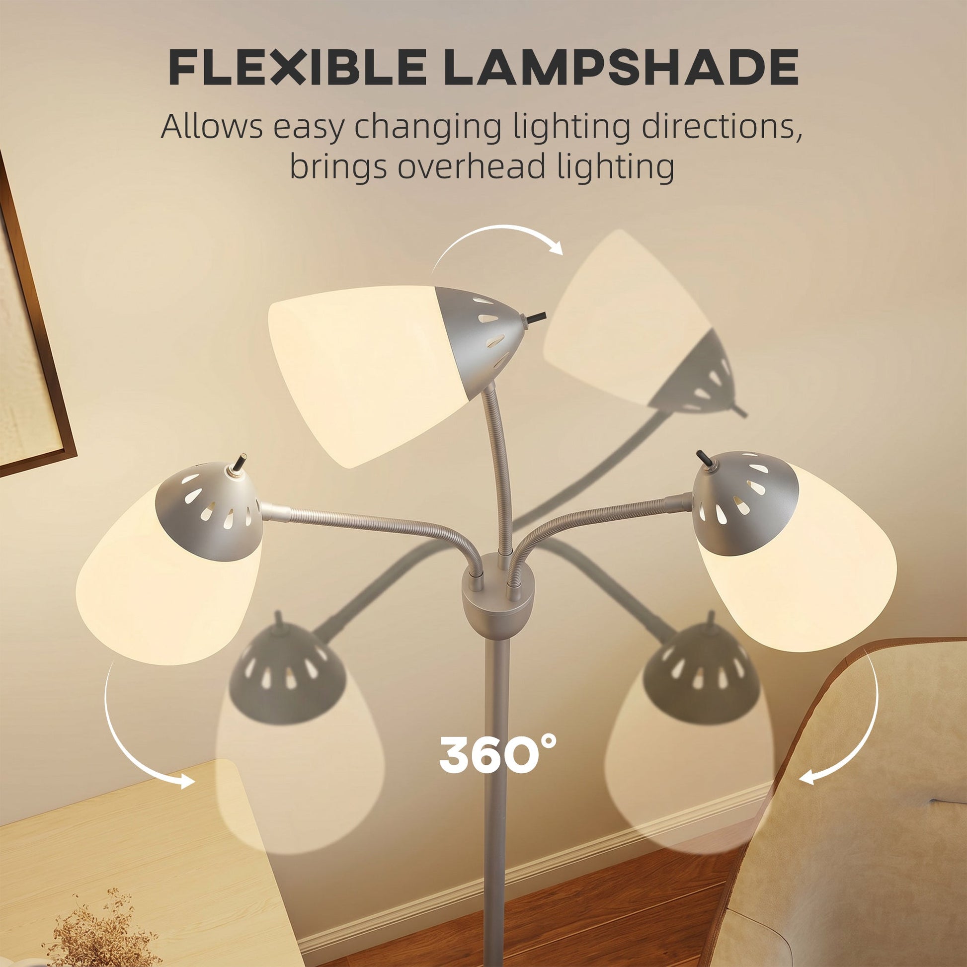 Arc Tree Floor Lamp with 3 Adjustable Rotating Lights and 3000K/4500K/6500K Colour Temperatures, Industrial Standing Lamp with Steel Frame for Bedroom Living Room, 155cm, Silver Tone