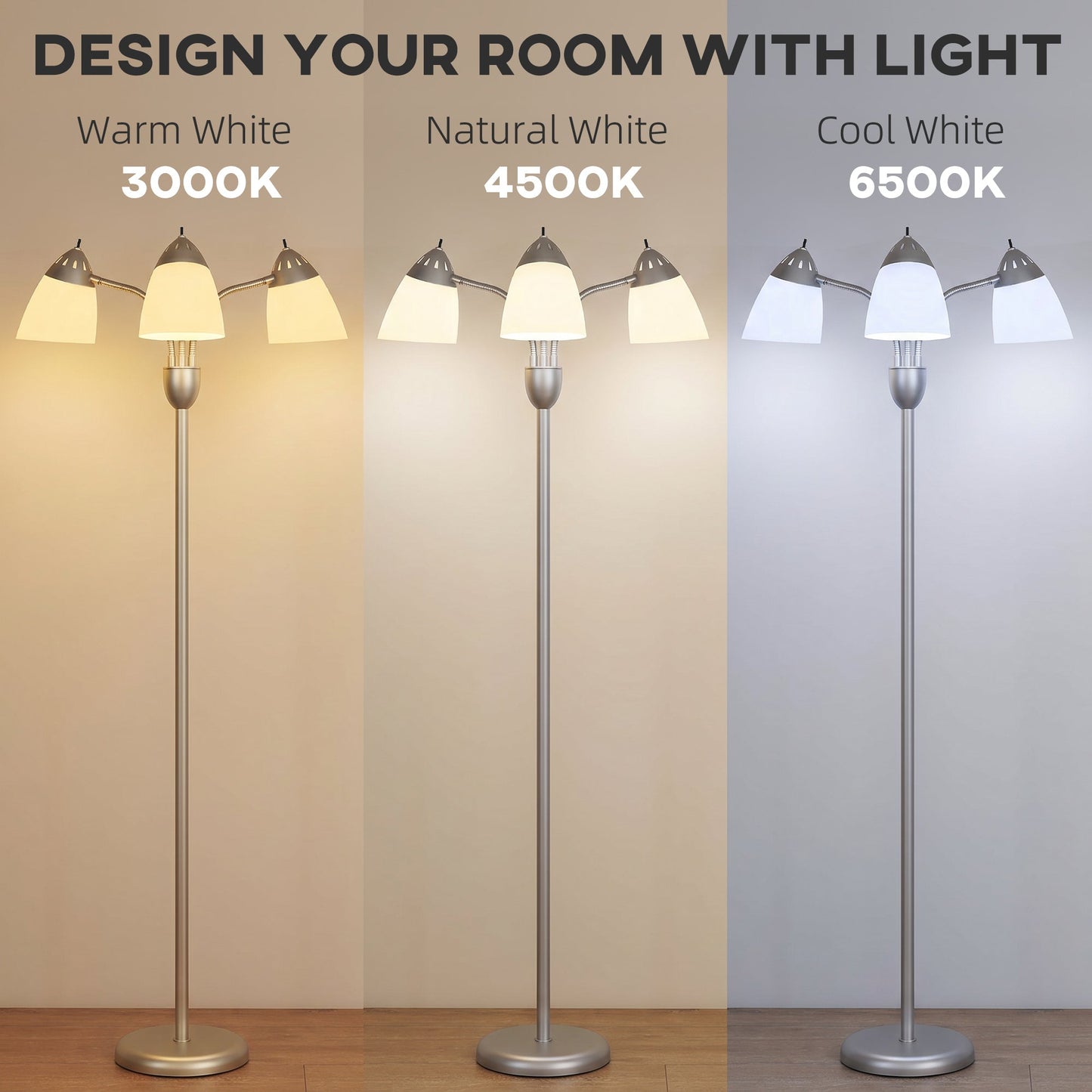 Arc Tree Floor Lamp with 3 Adjustable Rotating Lights and 3000K/4500K/6500K Colour Temperatures, Industrial Standing Lamp with Steel Frame for Bedroom Living Room, 155cm, Silver Tone