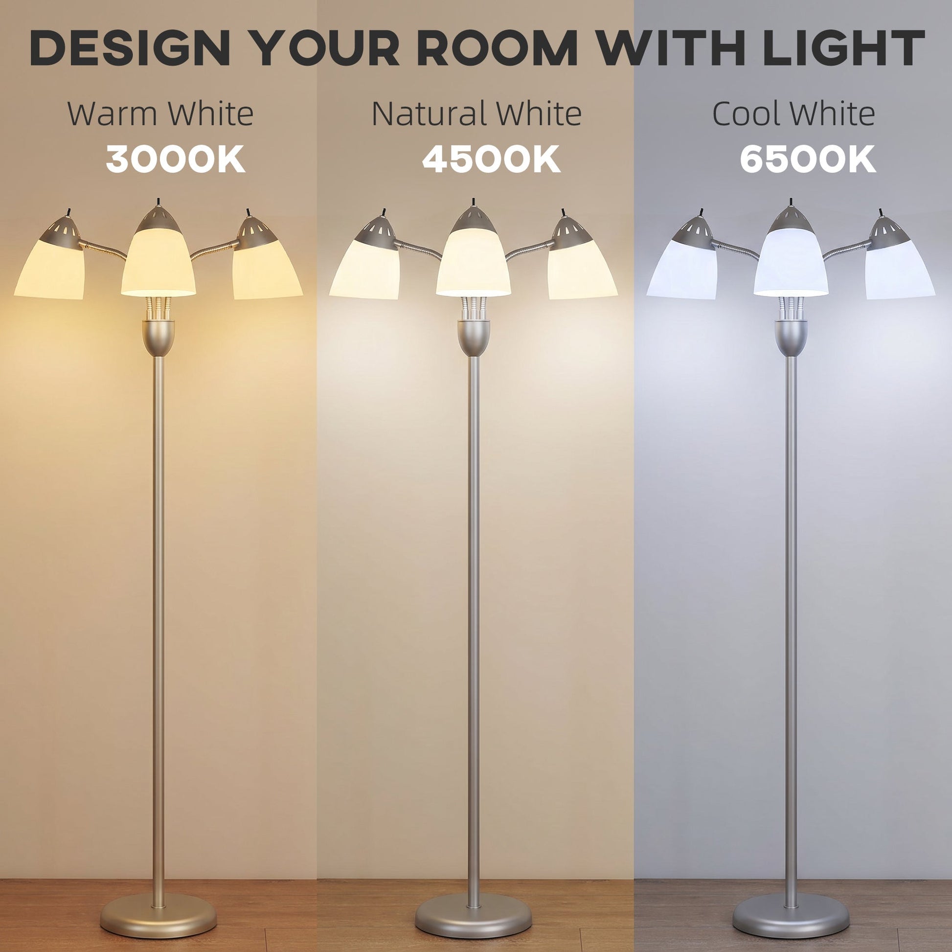 Arc Tree Floor Lamp with 3 Adjustable Rotating Lights and 3000K/4500K/6500K Colour Temperatures, Industrial Standing Lamp with Steel Frame for Bedroom Living Room, 155cm, Silver Tone