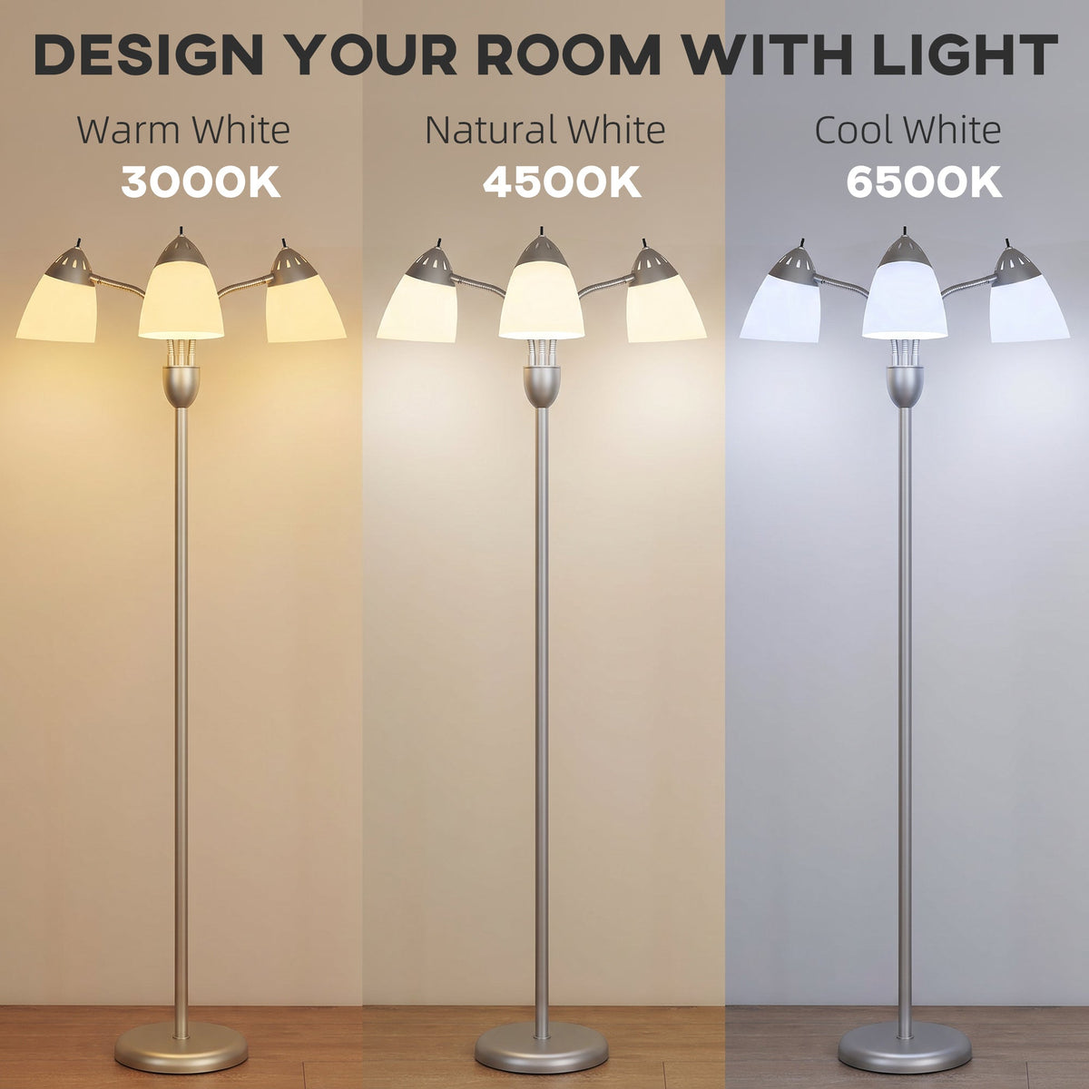 Arc Tree Floor Lamp with 3 Adjustable Rotating Lights and 3000K/4500K/6500K Colour Temperatures, Industrial Standing Lamp with Steel Frame for Bedroom Living Room, 155cm, Silver Tone