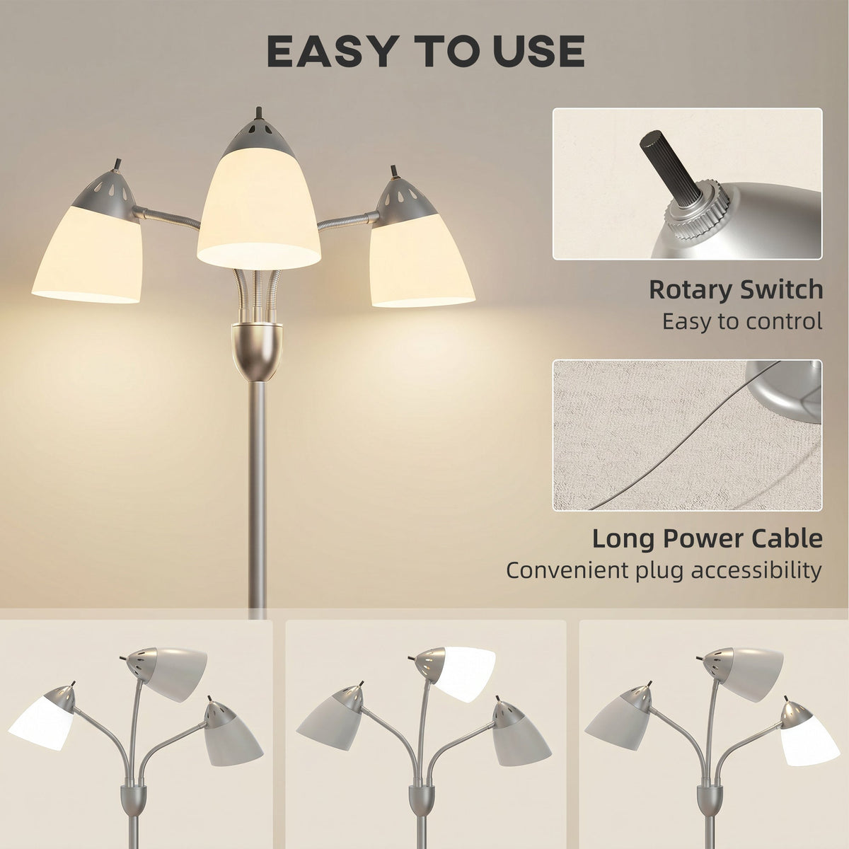 Arc Tree Floor Lamp with 3 Adjustable Rotating Lights and 3000K/4500K/6500K Colour Temperatures, Industrial Standing Lamp with Steel Frame for Bedroom Living Room, 155cm, Silver Tone