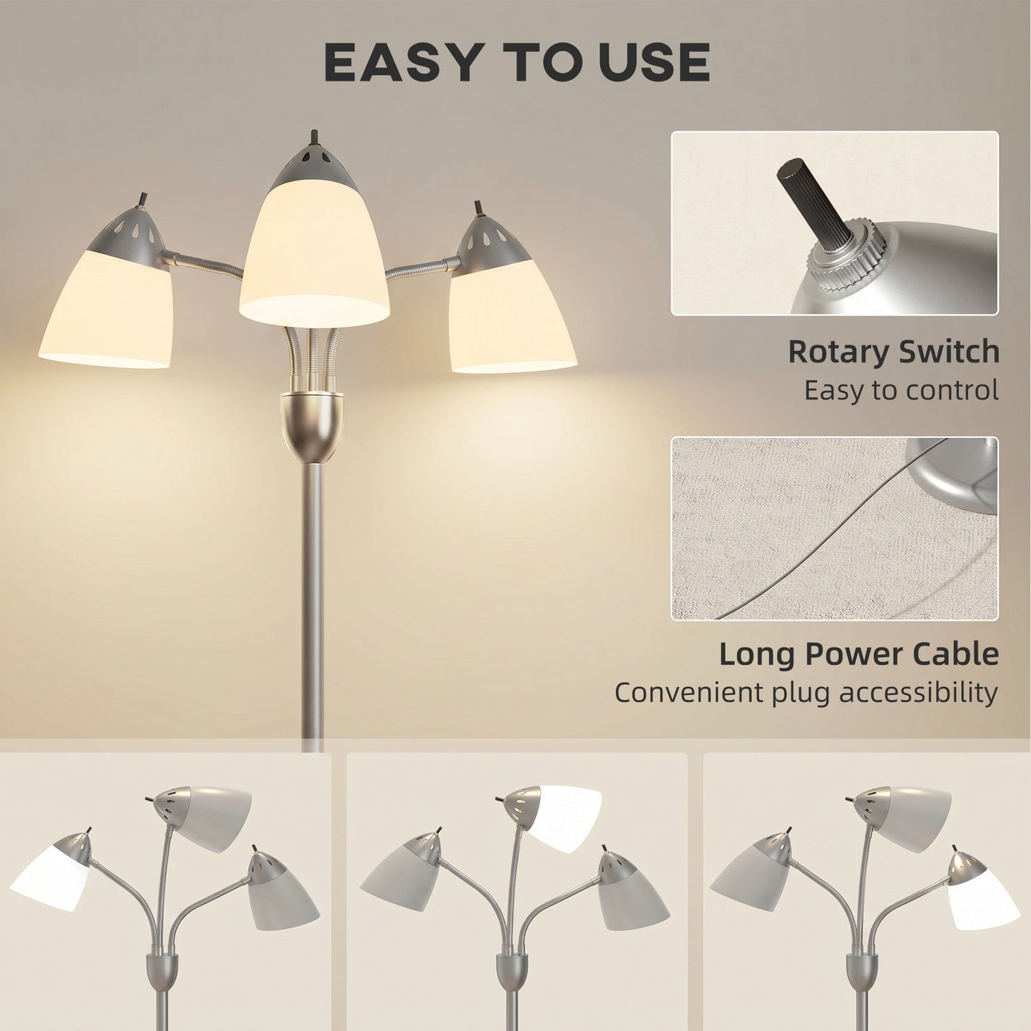 Arc Tree Floor Lamp with 3 Adjustable Rotating Lights and 3000K/4500K/6500K Colour Temperatures, Industrial Standing Lamp with Steel Frame for Bedroom Living Room, 155cm, Silver Tone
