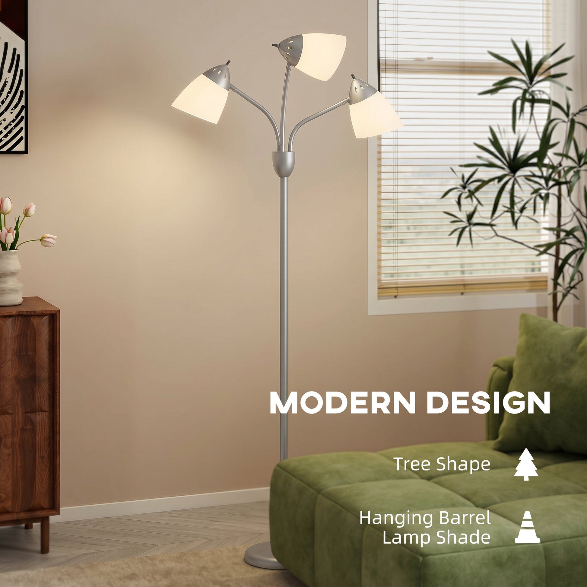 Arc Tree Floor Lamp with 3 Adjustable Rotating Lights and 3000K/4500K/6500K Colour Temperatures, Industrial Standing Lamp with Steel Frame for Bedroom Living Room, 155cm, Silver Tone