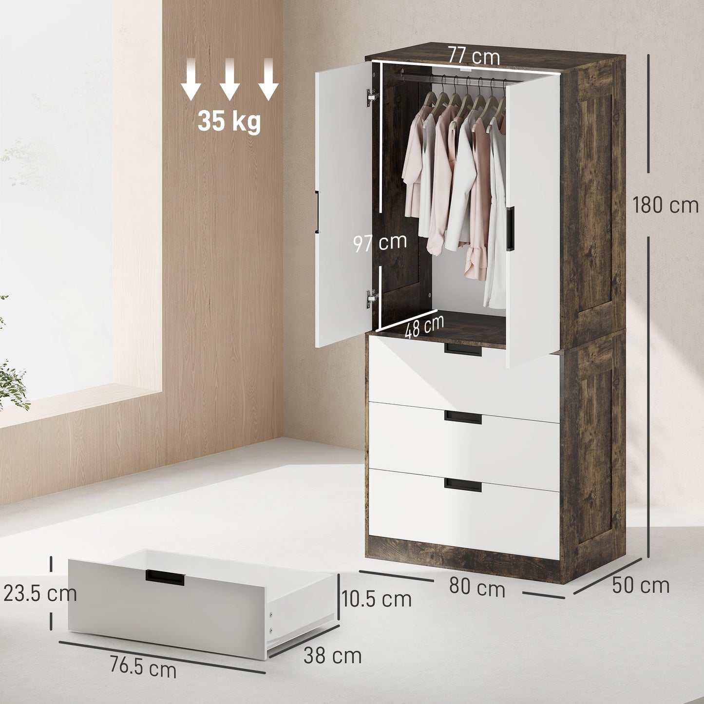 2 Door Wardrobe with 3 Drawers & Hanging Rail, Modern Clothes Storage Cupboard Unit, Bedroom Wardrobe with Soft Closing Hinge, 50D x 80W x 180Hcm, Rustic Brown