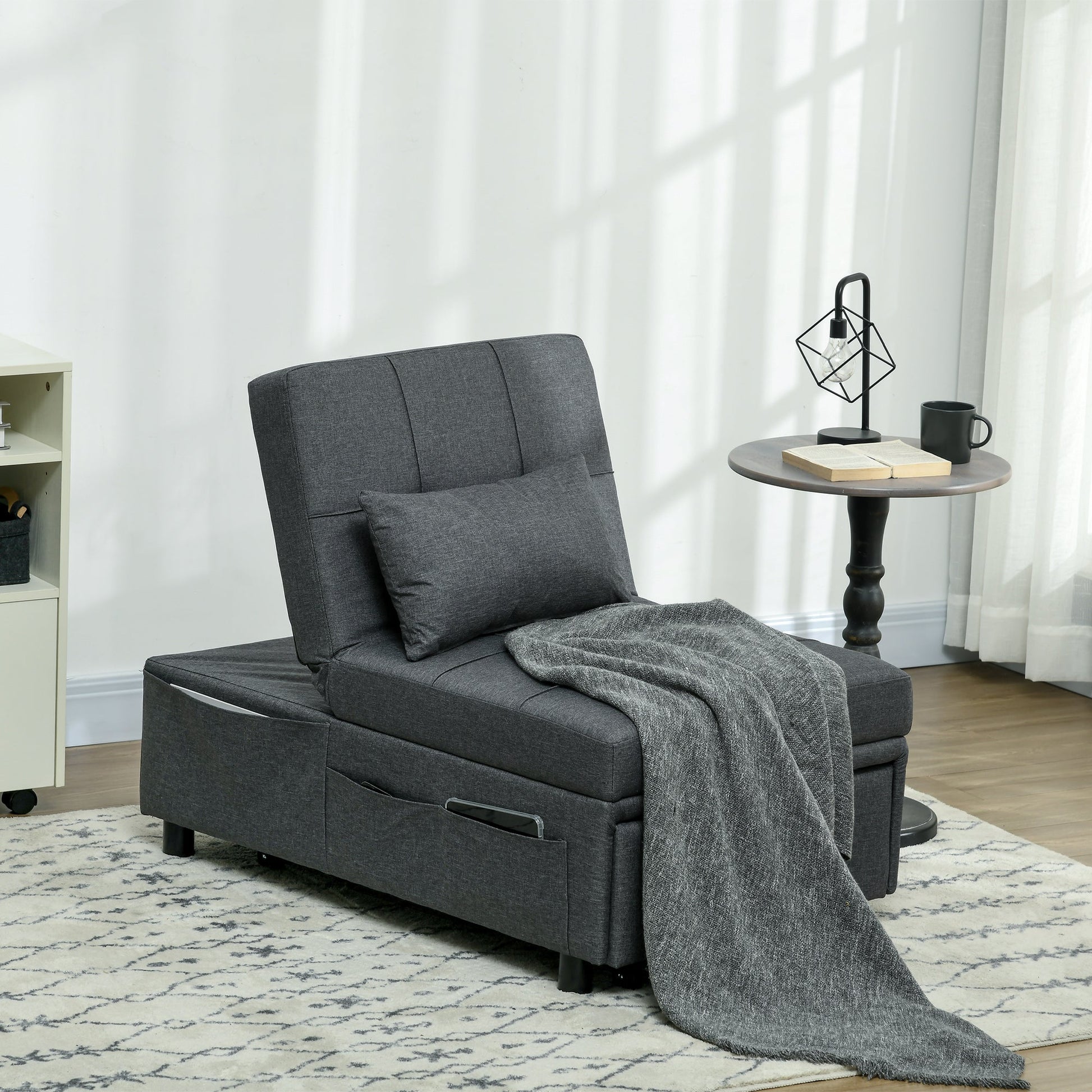 HOMCOM Convertible Chair Bed with Padding Seat, 4-in-1 Multi-Functional Sleeper Sofa Bed, Recliner with Adjustable Backrest, Side Pocket, Wheels and Pillow, for Living Room, Grey