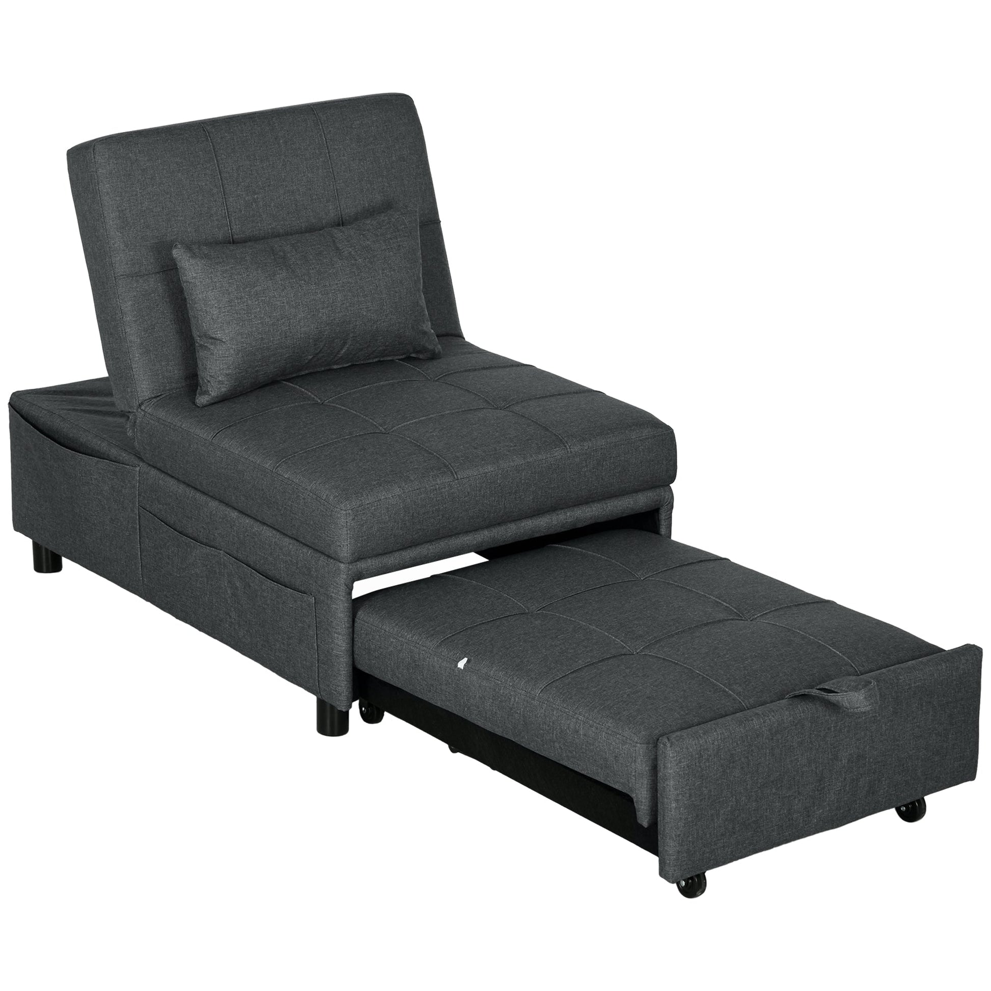 HOMCOM Convertible Chair Bed with Padding Seat, 4-in-1 Multi-Functional Sleeper Sofa Bed, Recliner with Adjustable Backrest, Side Pocket, Wheels and Pillow, for Living Room, Grey