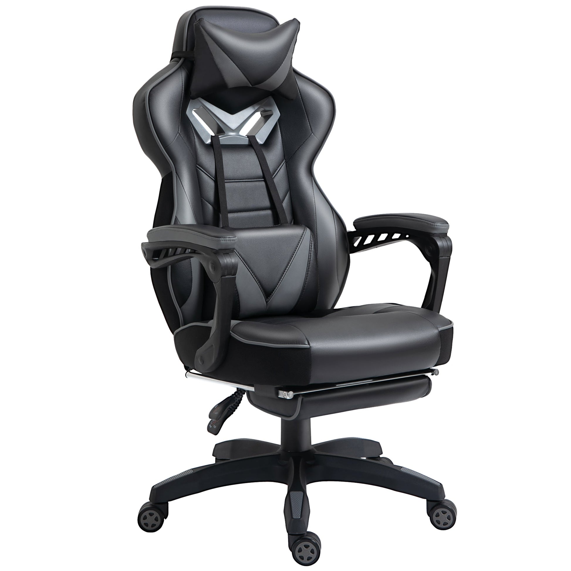 HOMCOM Computer Gaming Chair, Racing Desk Chair with Lumbar Support and Footrest, PU Leather Gamer Chair with Headrest and Swivel Wheels for Home, Grey