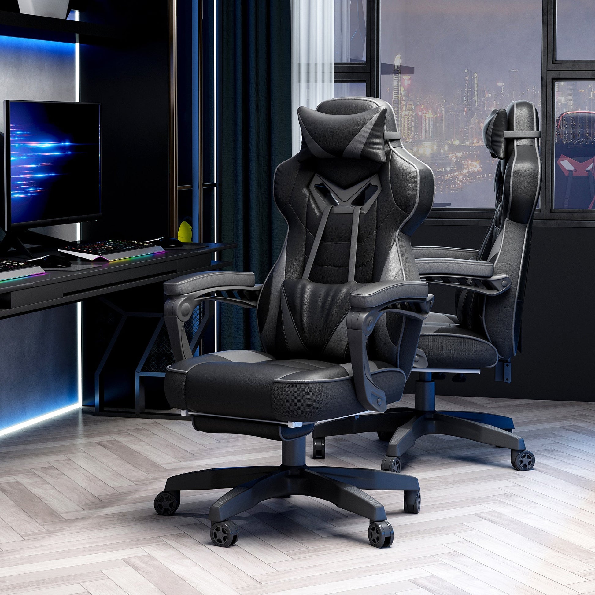 HOMCOM Computer Gaming Chair, Racing Desk Chair with Lumbar Support and Footrest, PU Leather Gamer Chair with Headrest and Swivel Wheels for Home, Grey