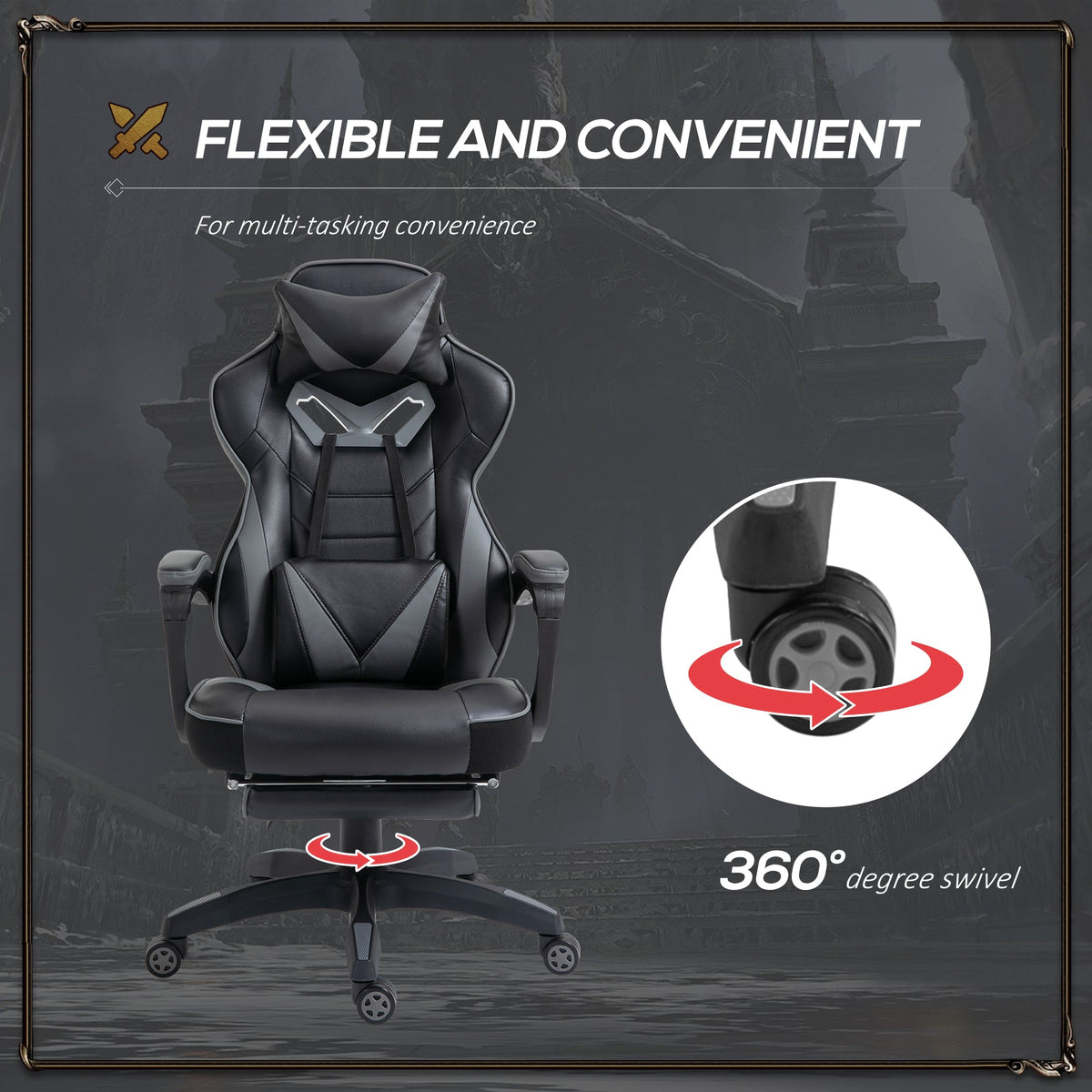 HOMCOM Computer Gaming Chair, Racing Desk Chair with Lumbar Support and Footrest, PU Leather Gamer Chair with Headrest and Swivel Wheels for Home, Grey