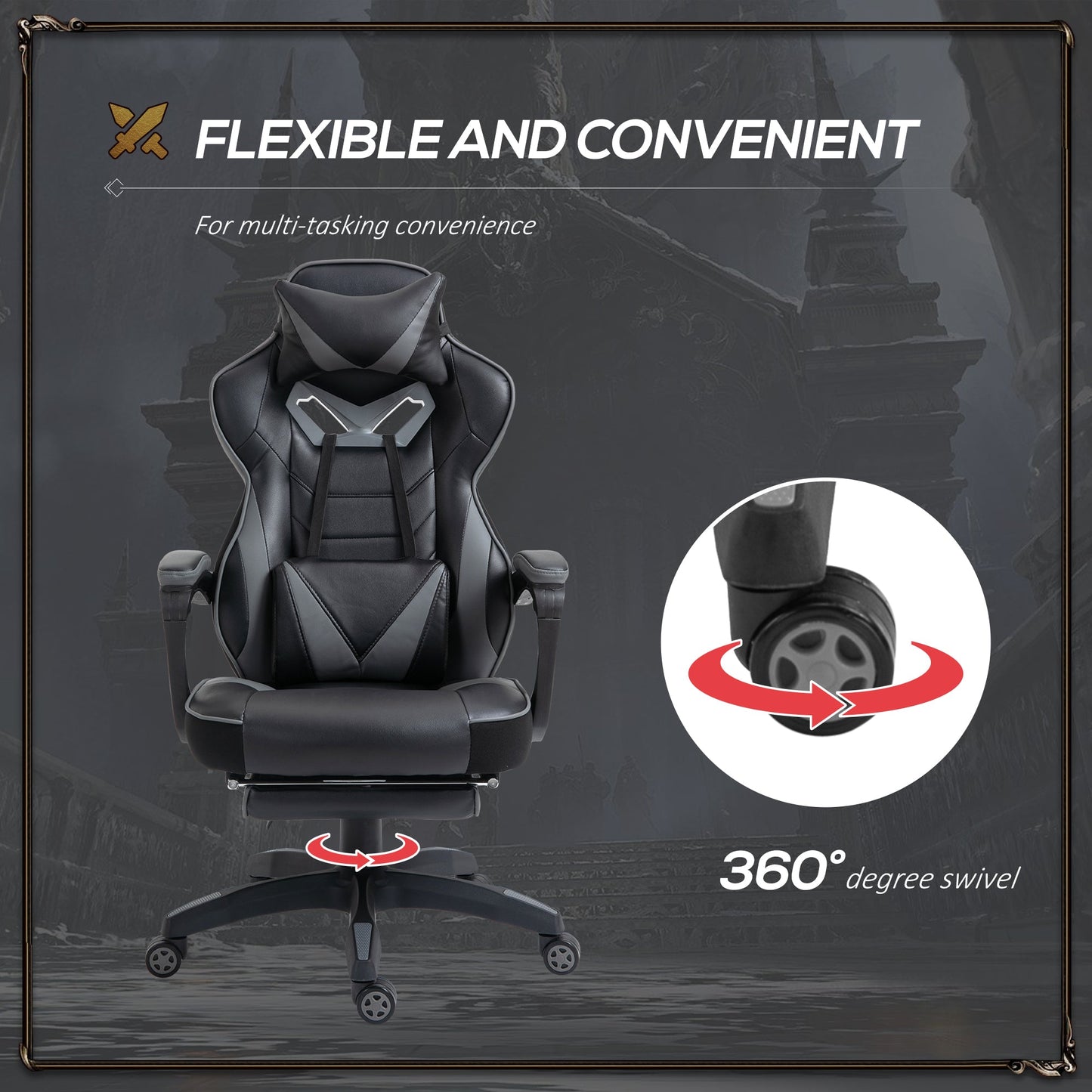 HOMCOM Computer Gaming Chair, Racing Desk Chair with Lumbar Support and Footrest, PU Leather Gamer Chair with Headrest and Swivel Wheels for Home, Grey