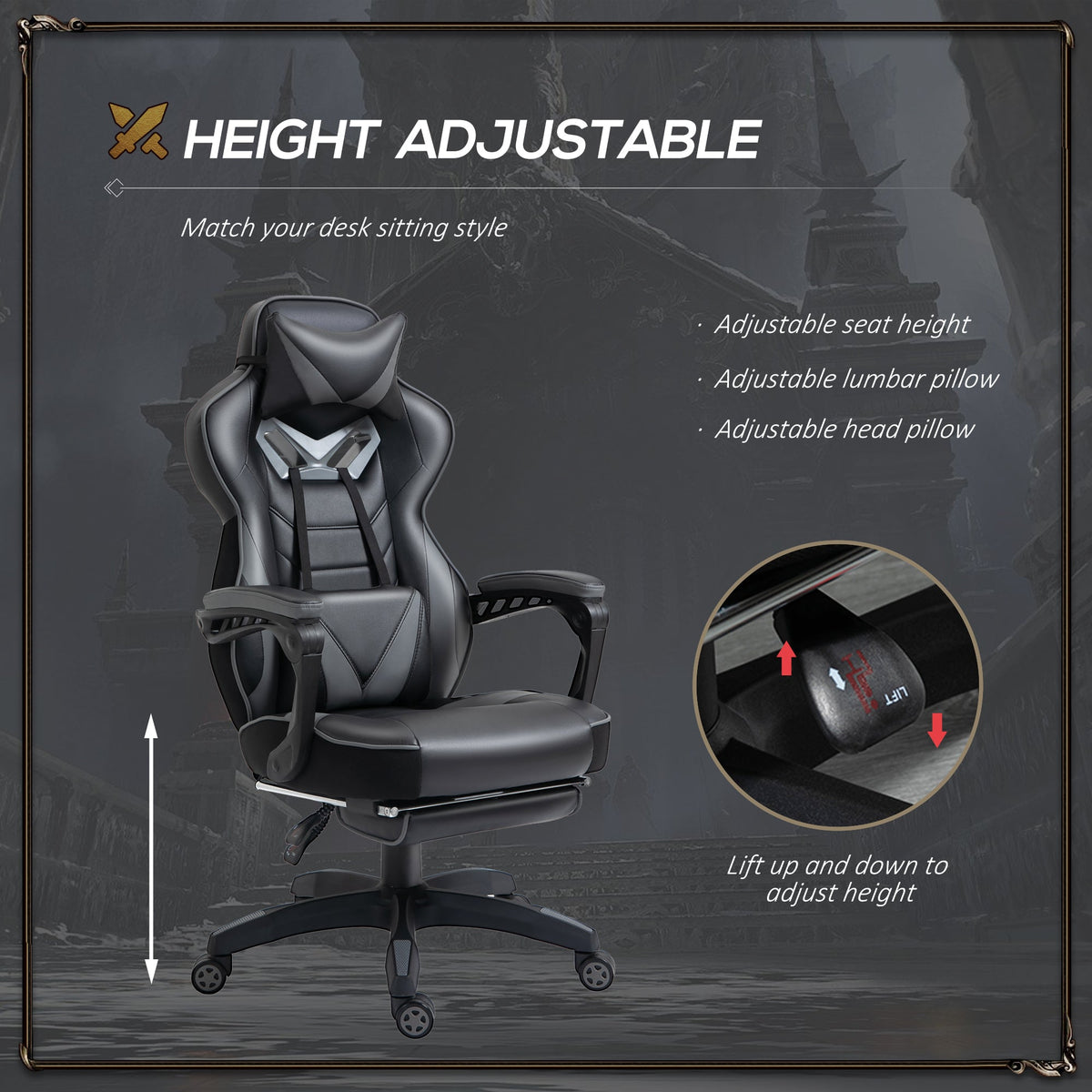 HOMCOM Computer Gaming Chair, Racing Desk Chair with Lumbar Support and Footrest, PU Leather Gamer Chair with Headrest and Swivel Wheels for Home, Grey