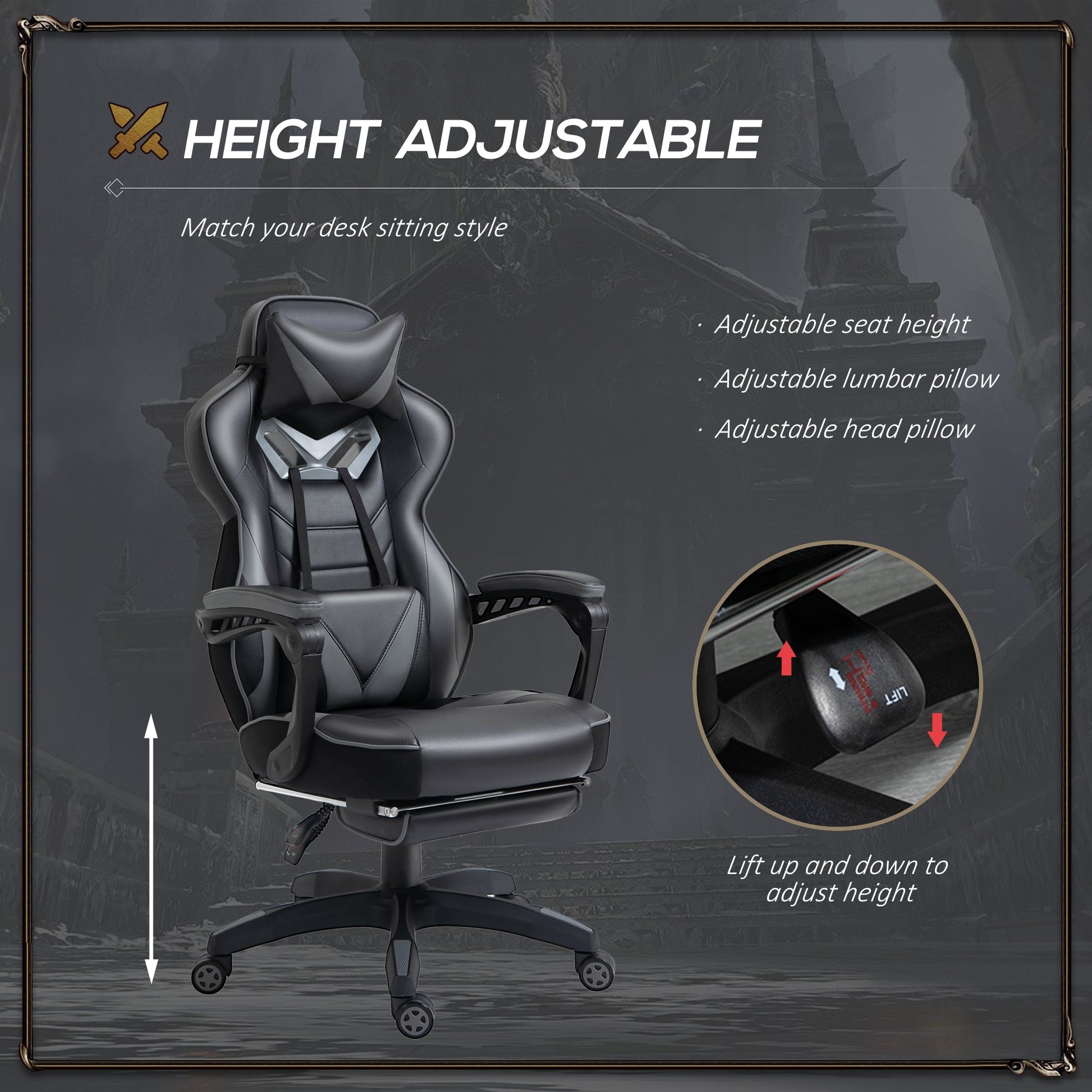 HOMCOM Computer Gaming Chair, Racing Desk Chair with Lumbar Support and Footrest, PU Leather Gamer Chair with Headrest and Swivel Wheels for Home, Grey