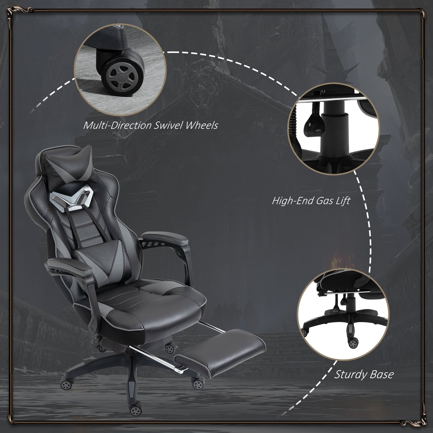HOMCOM Computer Gaming Chair, Racing Desk Chair with Lumbar Support and Footrest, PU Leather Gamer Chair with Headrest and Swivel Wheels for Home, Grey