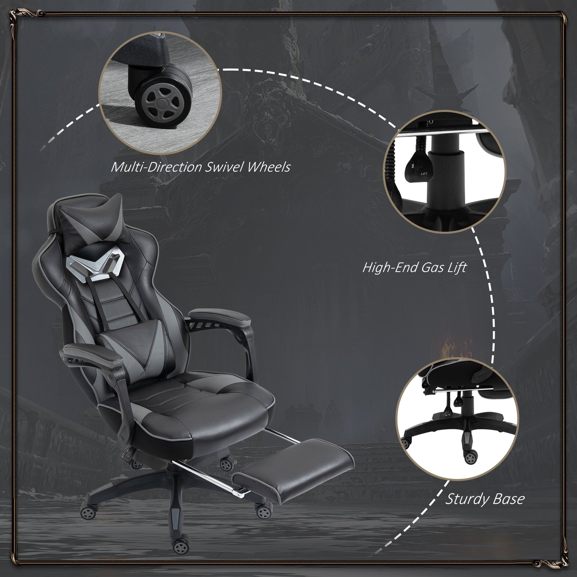 HOMCOM Computer Gaming Chair, Racing Desk Chair with Lumbar Support and Footrest, PU Leather Gamer Chair with Headrest and Swivel Wheels for Home, Grey