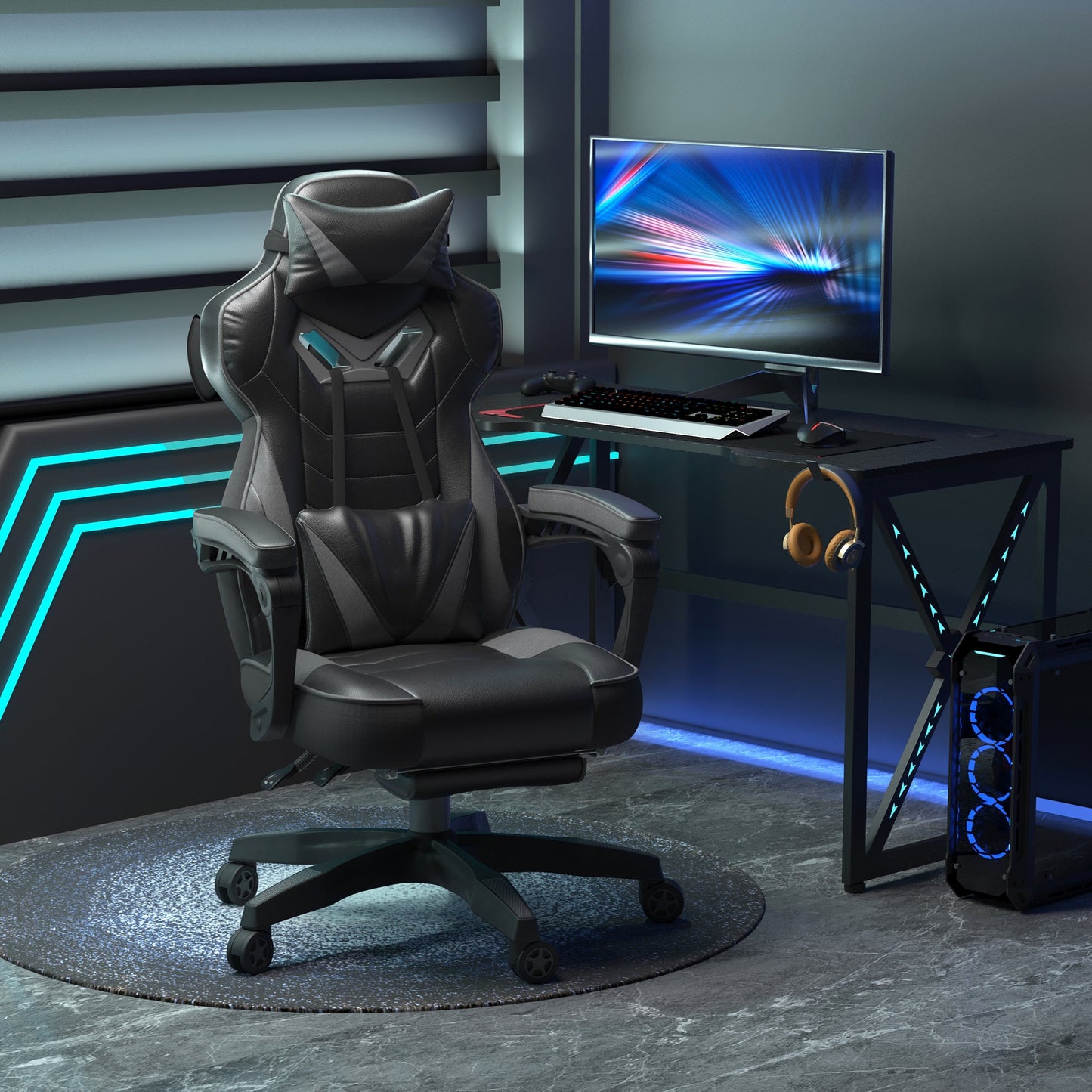 HOMCOM Computer Gaming Chair, Racing Desk Chair with Lumbar Support and Footrest, PU Leather Gamer Chair with Headrest and Swivel Wheels for Home, Grey