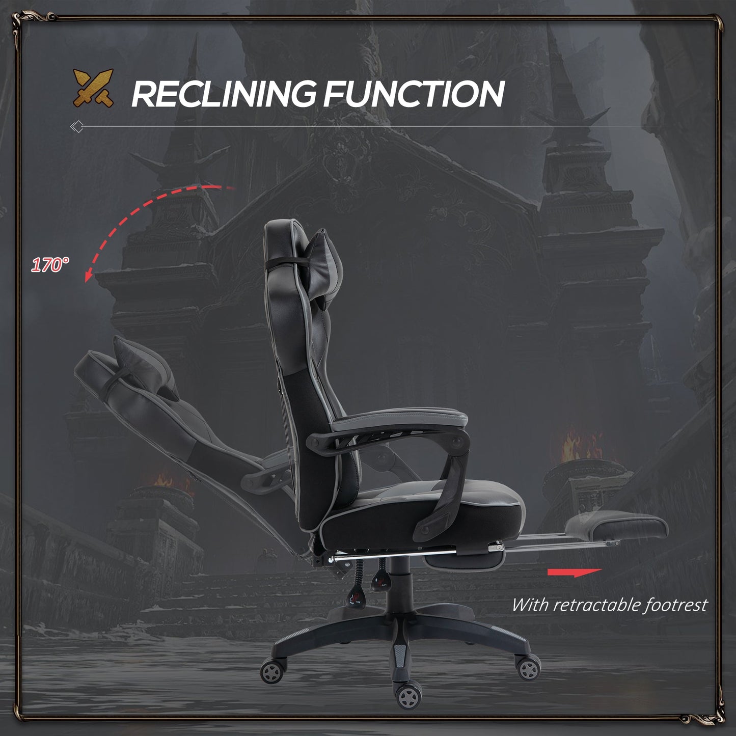 HOMCOM Computer Gaming Chair, Racing Desk Chair with Lumbar Support and Footrest, PU Leather Gamer Chair with Headrest and Swivel Wheels for Home, Grey
