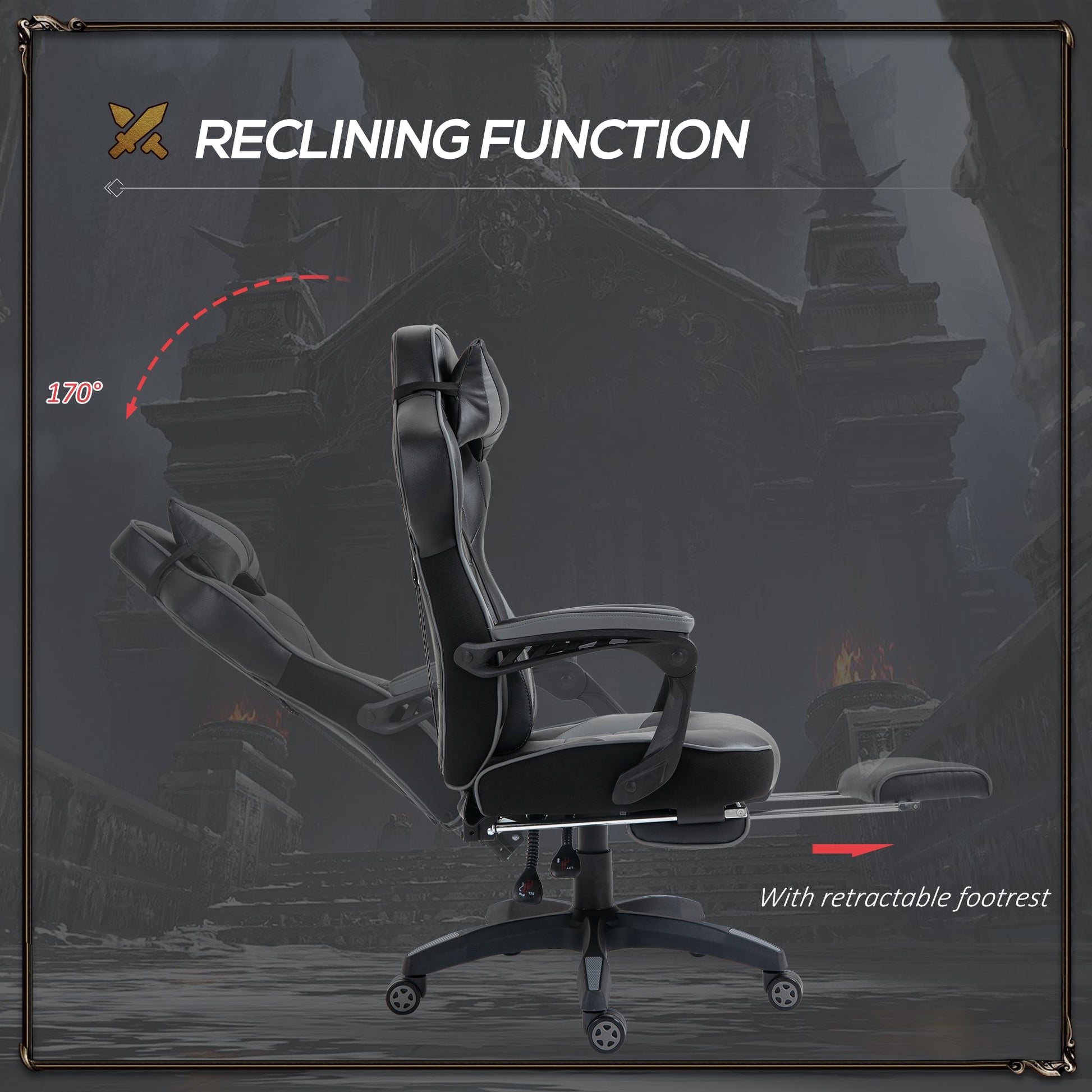 HOMCOM Computer Gaming Chair, Racing Desk Chair with Lumbar Support and Footrest, PU Leather Gamer Chair with Headrest and Swivel Wheels for Home, Grey