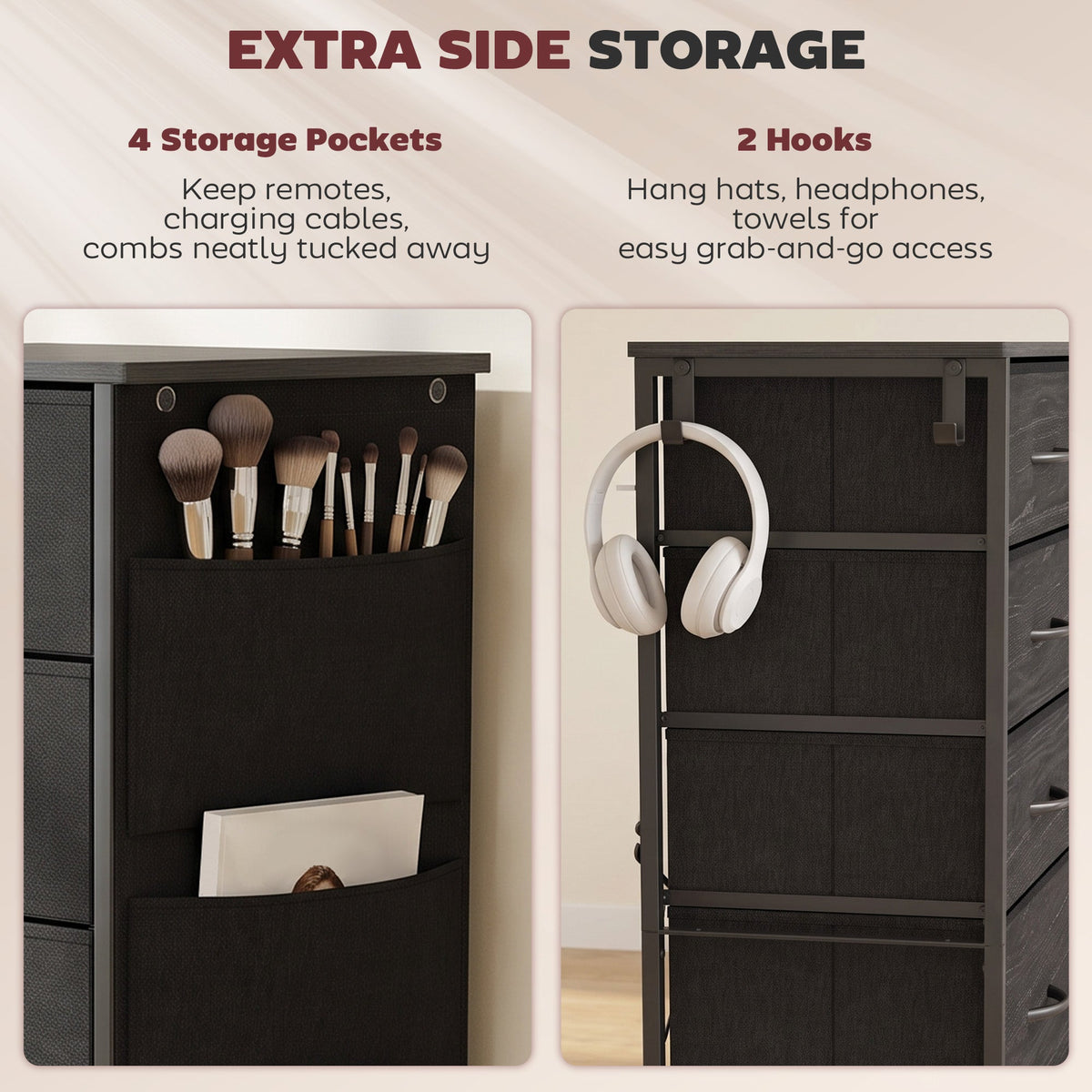 Chest of Drawers, Dresser for Bedroom with 5 Fabric Drawers, Tall Storage Unit with 4 Pockets, 2 Hooks and Steel Frame for Living Room, Hallway, Black