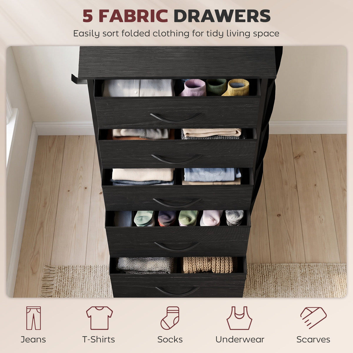 Chest of Drawers, Dresser for Bedroom with 5 Fabric Drawers, Tall Storage Unit with 4 Pockets, 2 Hooks and Steel Frame for Living Room, Hallway, Black