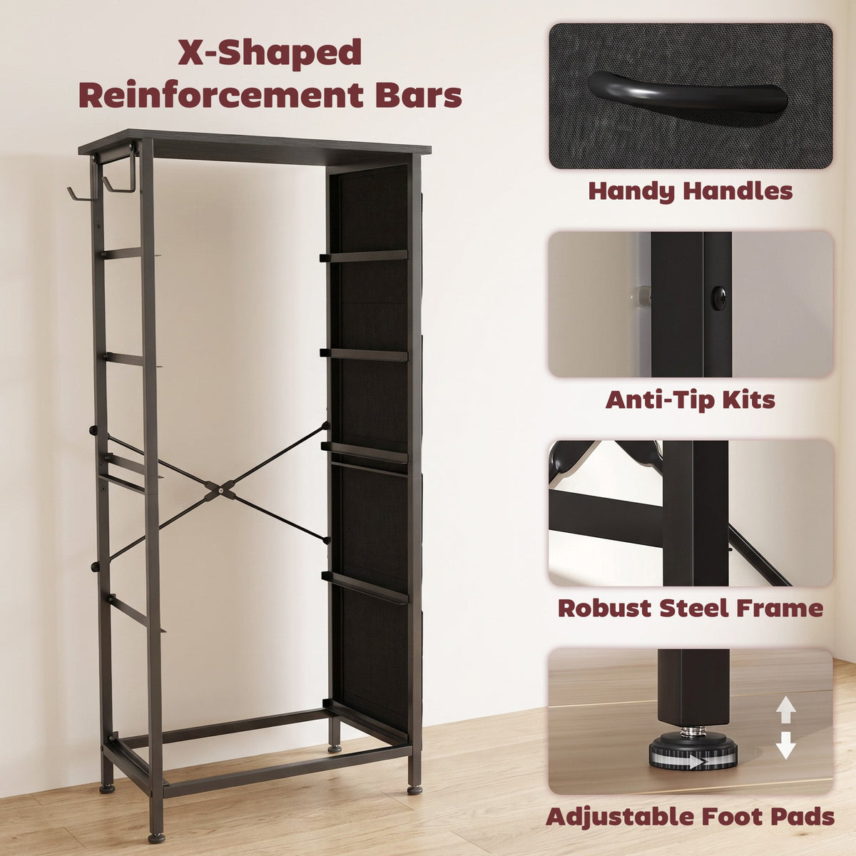 Chest of Drawers, Dresser for Bedroom with 5 Fabric Drawers, Tall Storage Unit with 4 Pockets, 2 Hooks and Steel Frame for Living Room, Hallway, Black