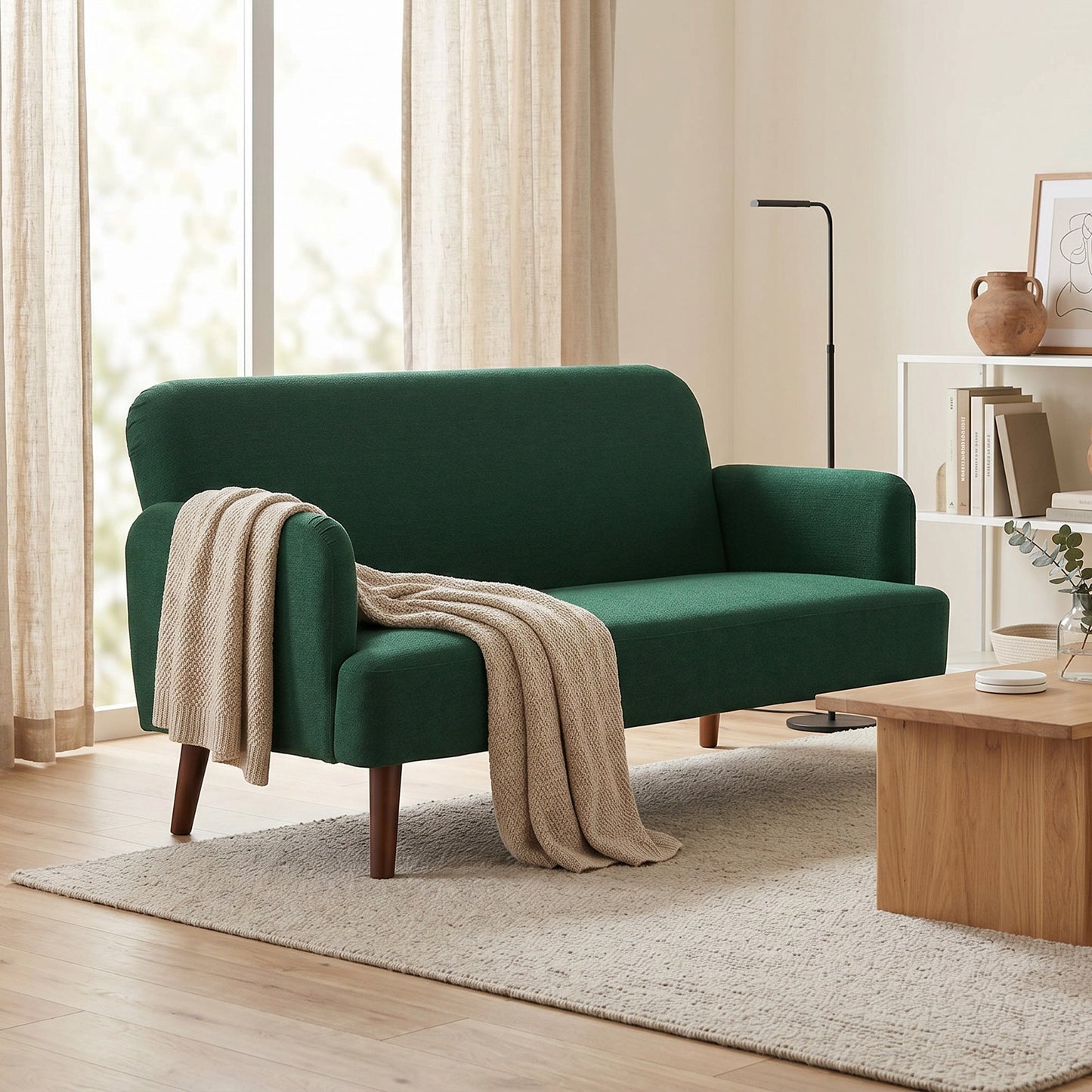 2 Seater Sofa, Small Sofa with 21cm Thick Padding and Wood Legs, Modern Velvet Feel Fabric Loveseat for Living Room, Bedroom, Home Office, Dark Green