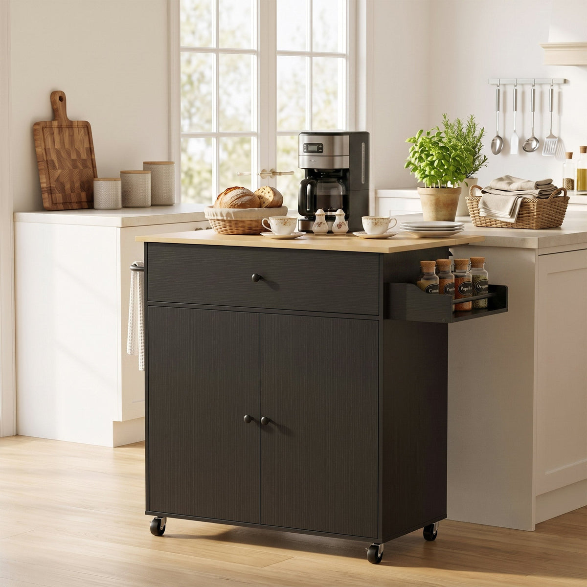 Kitchen Island with Drop Leaf, Rolling Kitchen Storage Trolley on Wheels with Drawer, Spice Rack and Towel Rack, Storage Cart with Adjustable Shelf, Black
