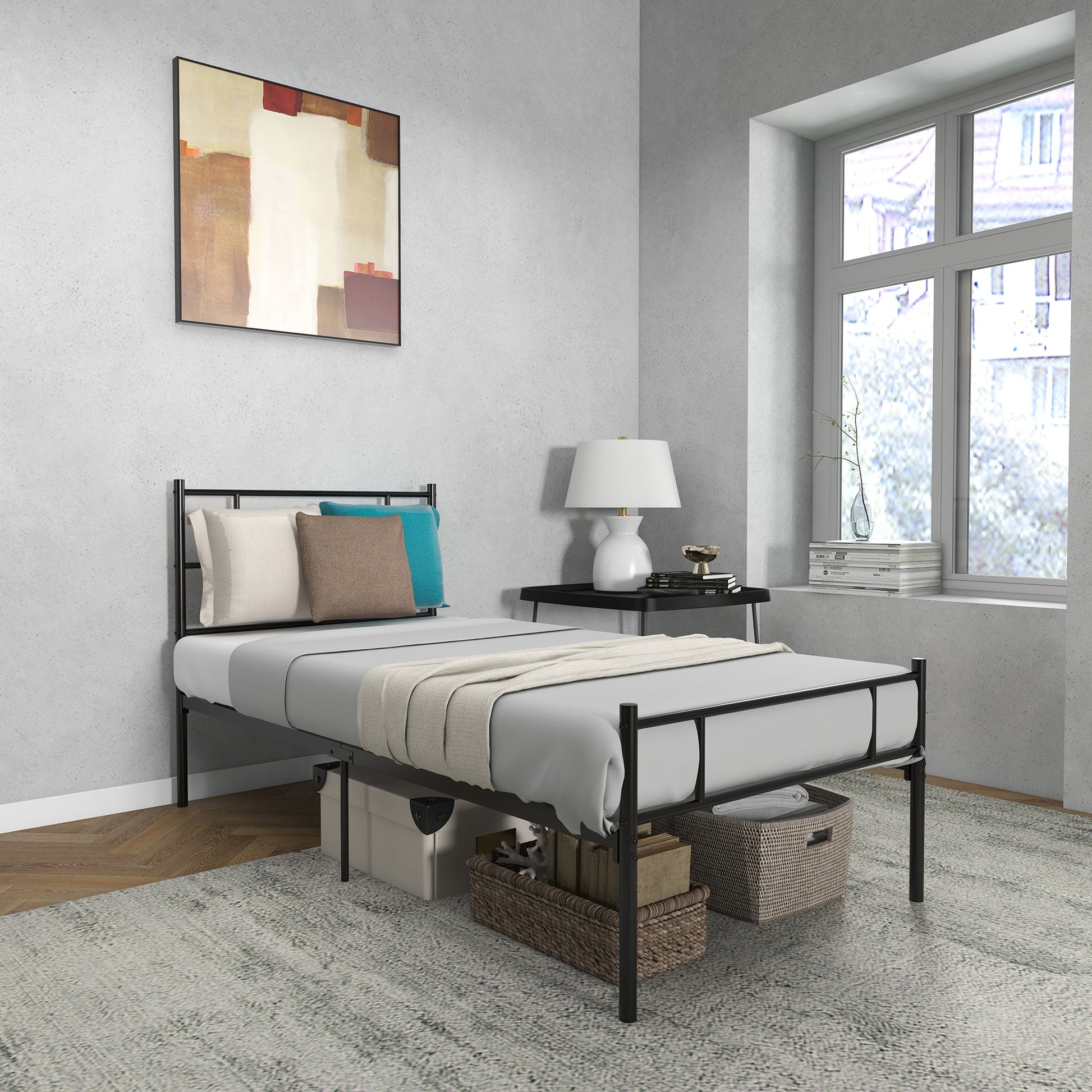 HOMCOM Single Metal Bed Frame Solid Bedstead Base with Headboard and Footboard, Metal Slat Support and Underbed Storage Space, Bedroom Furniture, Black