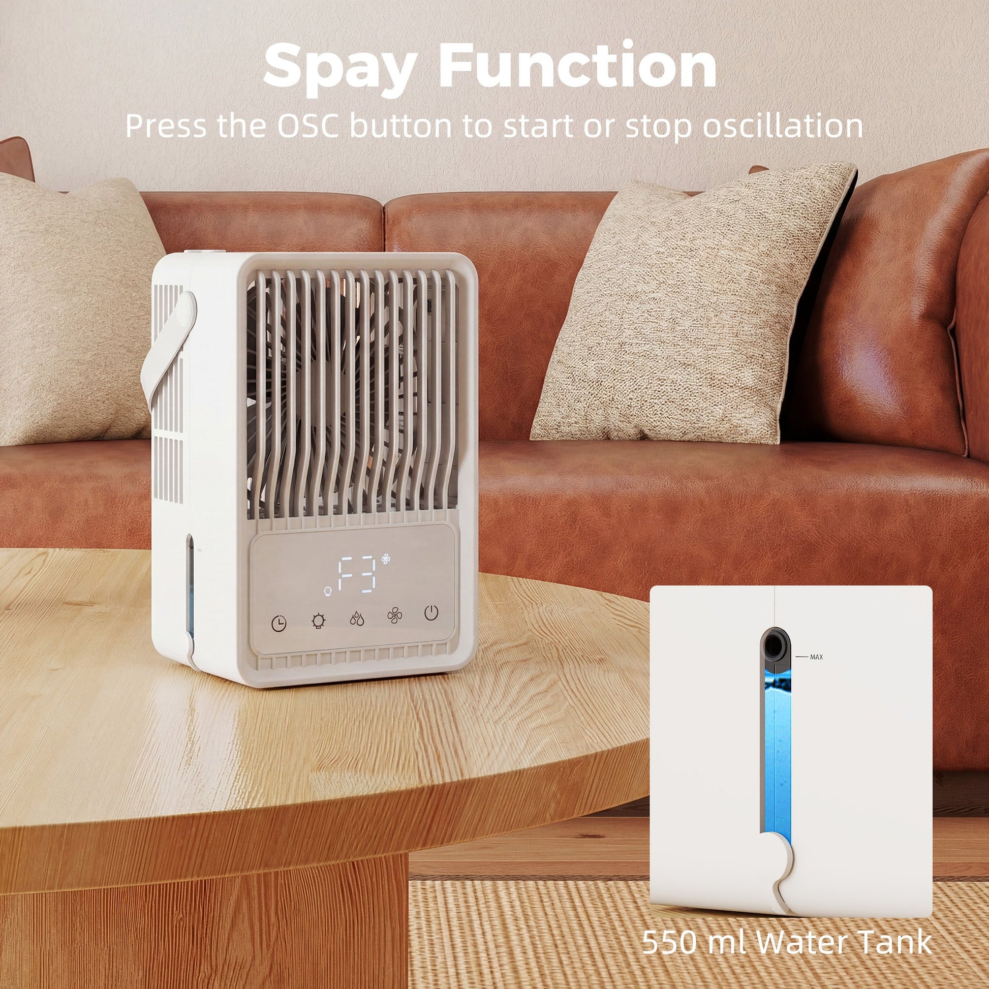 23.2 cm Desk Fan with Humidifier, 3-Speed Table Fan with 550ml Water Tank, Small Fan with RGB Light for Bedroom, Home Office, White