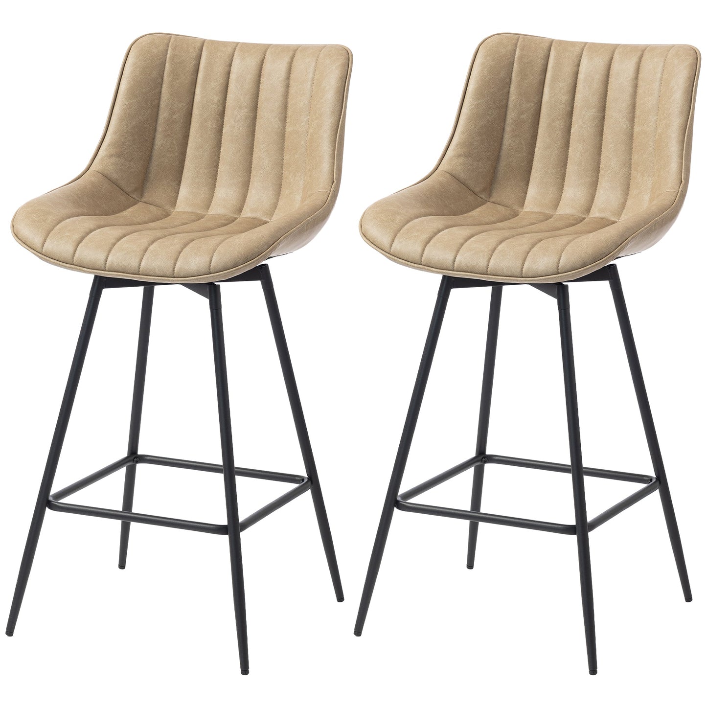 Swivel Bar Stools Set of 2, Textured Faux Leather Counter Stools with Backrest and Footrest, Height Adjustable Breakfast Chairs for Kitchen Island, Home Bar, Dining Room, Light Brown