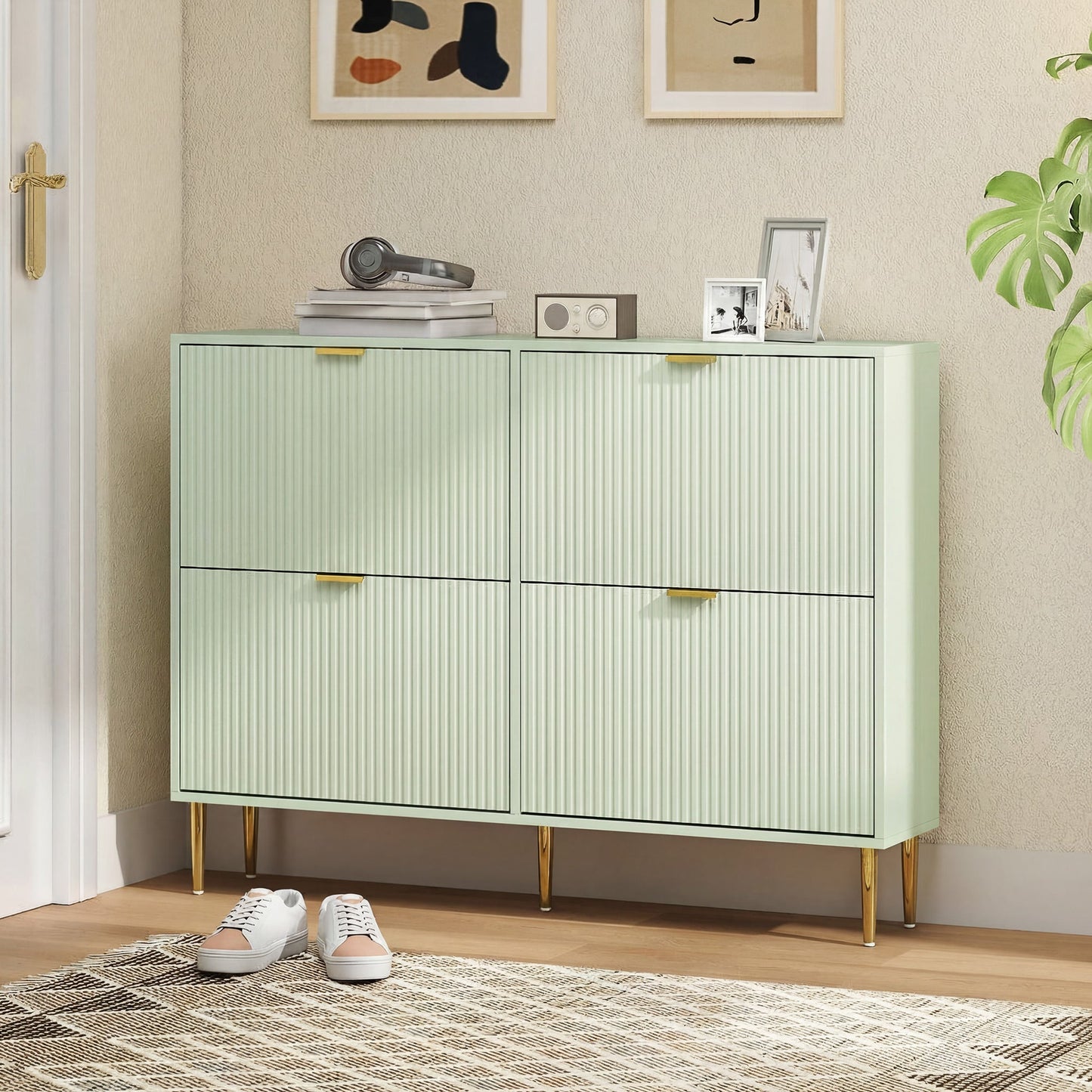 Narrow Shoe Cabinet with 4 Flip Drawers, Modern Slim Shoe Storage Cabinet with Fluted Doors and Adjustable Shelves for Hallway, Holds 10-20 Pairs, Light Green