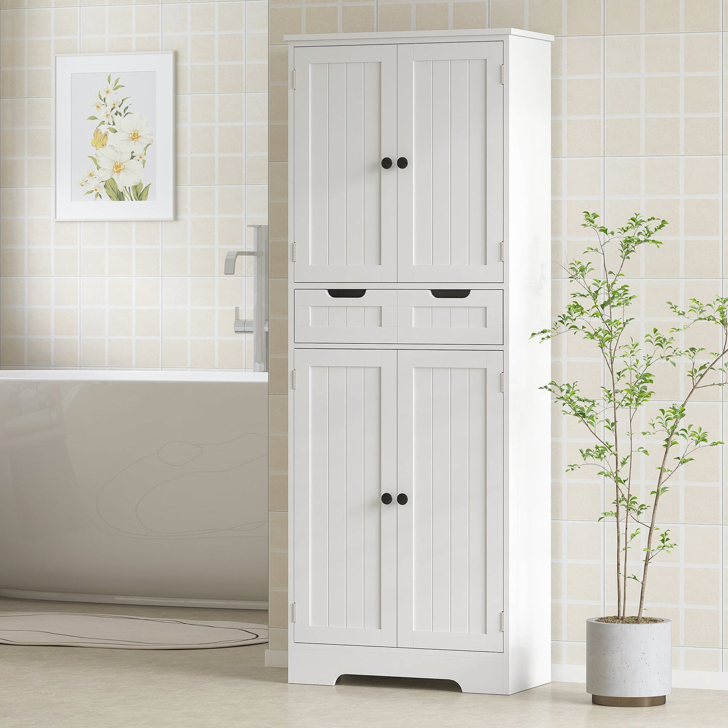 Tall Bathroom Cabinet, Freestanding Storage Cupboard, Bathroom Storage Cabinet with Drawer, Shelves and Doors, 60 x 30 x 160 cm, White