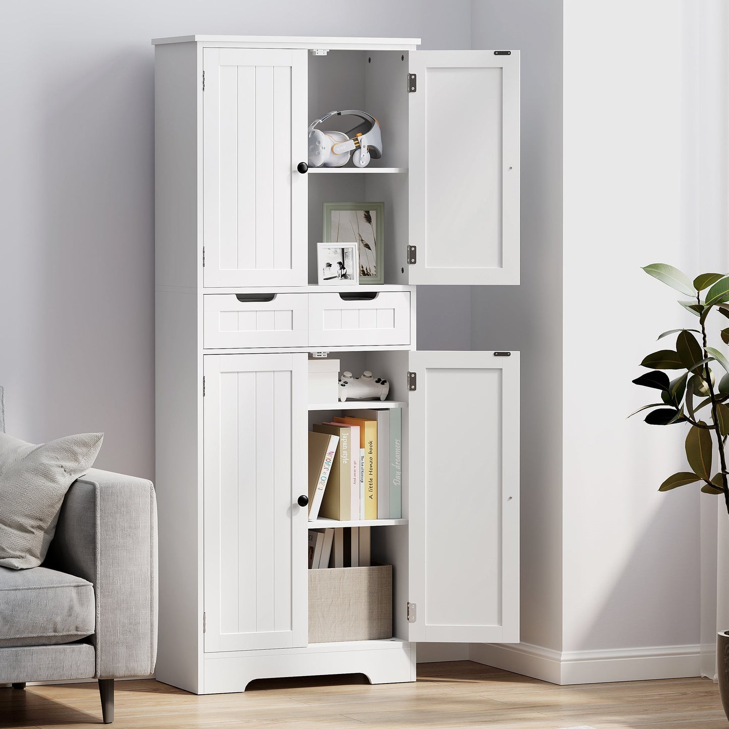 Tall Bathroom Cabinet, Freestanding Storage Cupboard, Bathroom Storage Cabinet with Drawer, Shelves and Doors, 60 x 30 x 160 cm, White