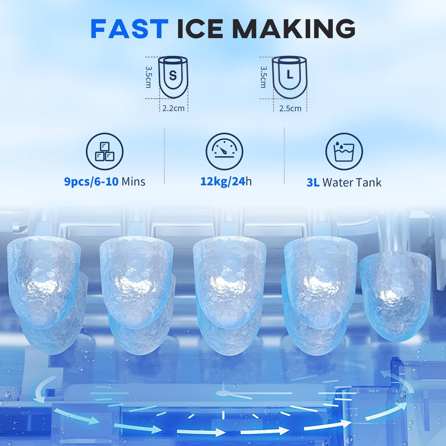 3L Ice Maker Machine and Water Dispenser, 12kg in 24H, 2 Size Options 9 Ice Cubes Ready in 6-10 Mins Countertop Ice Machine for Home, Kitchen, Office, Bar, Red