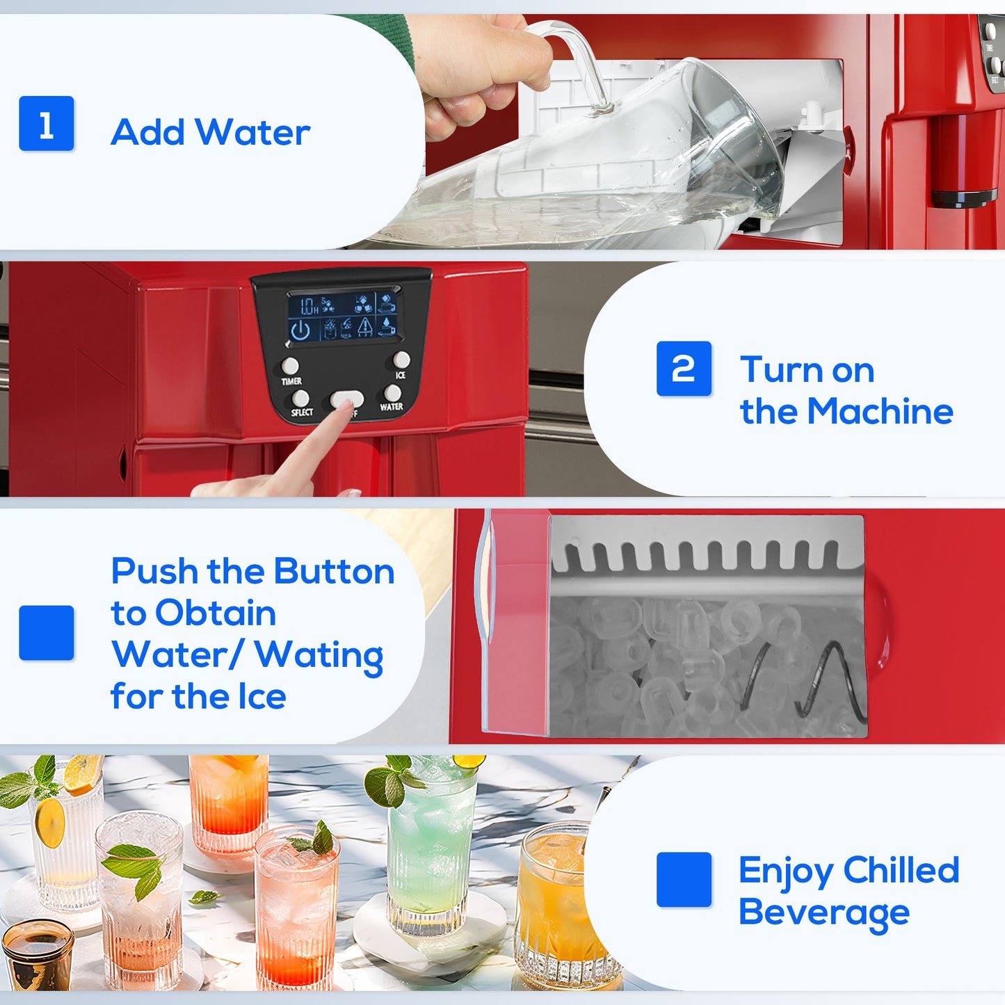 3L Ice Maker Machine and Water Dispenser, 12kg in 24H, 2 Size Options 9 Ice Cubes Ready in 6-10 Mins Countertop Ice Machine for Home, Kitchen, Office, Bar, Red