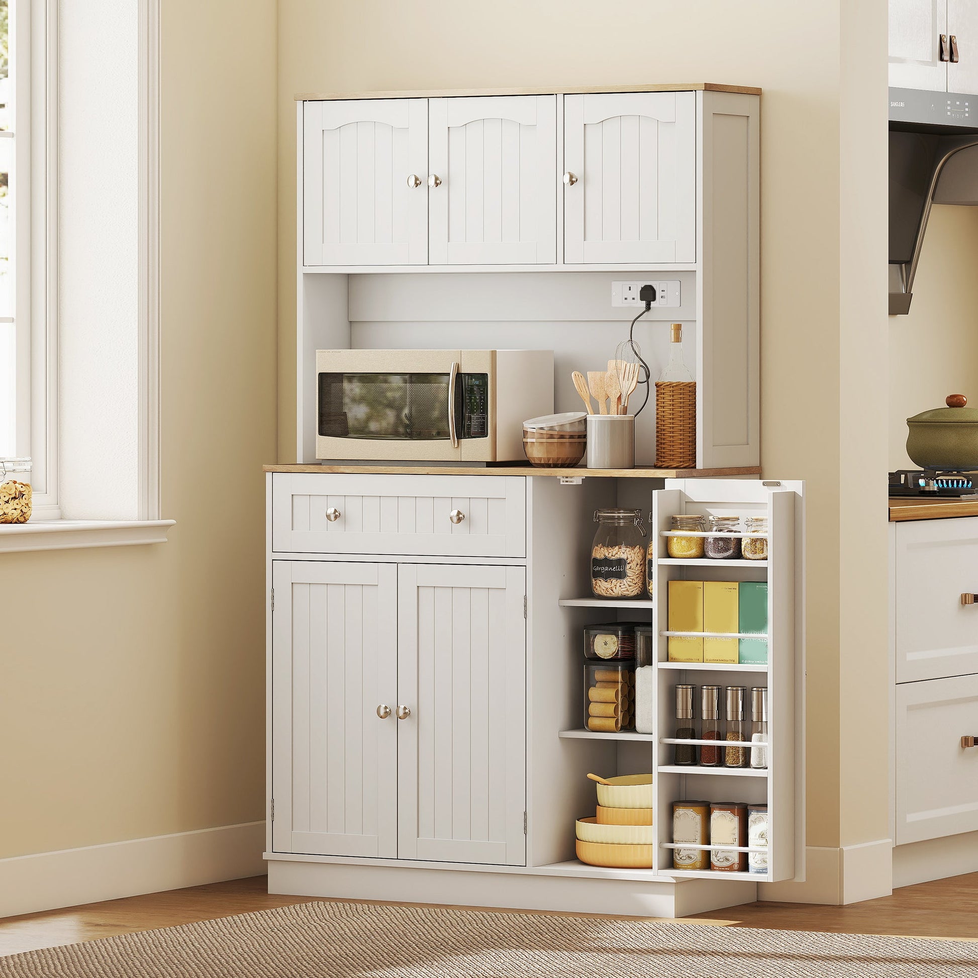 173 cm Tall Kitchen Cupboard with Charging Station, Pantry Storage Cabinet with Microwave Stand, Adjustable Shelves, 4 Door Racks, Farmhouse Kitchen Cabinet for Dining Room, White