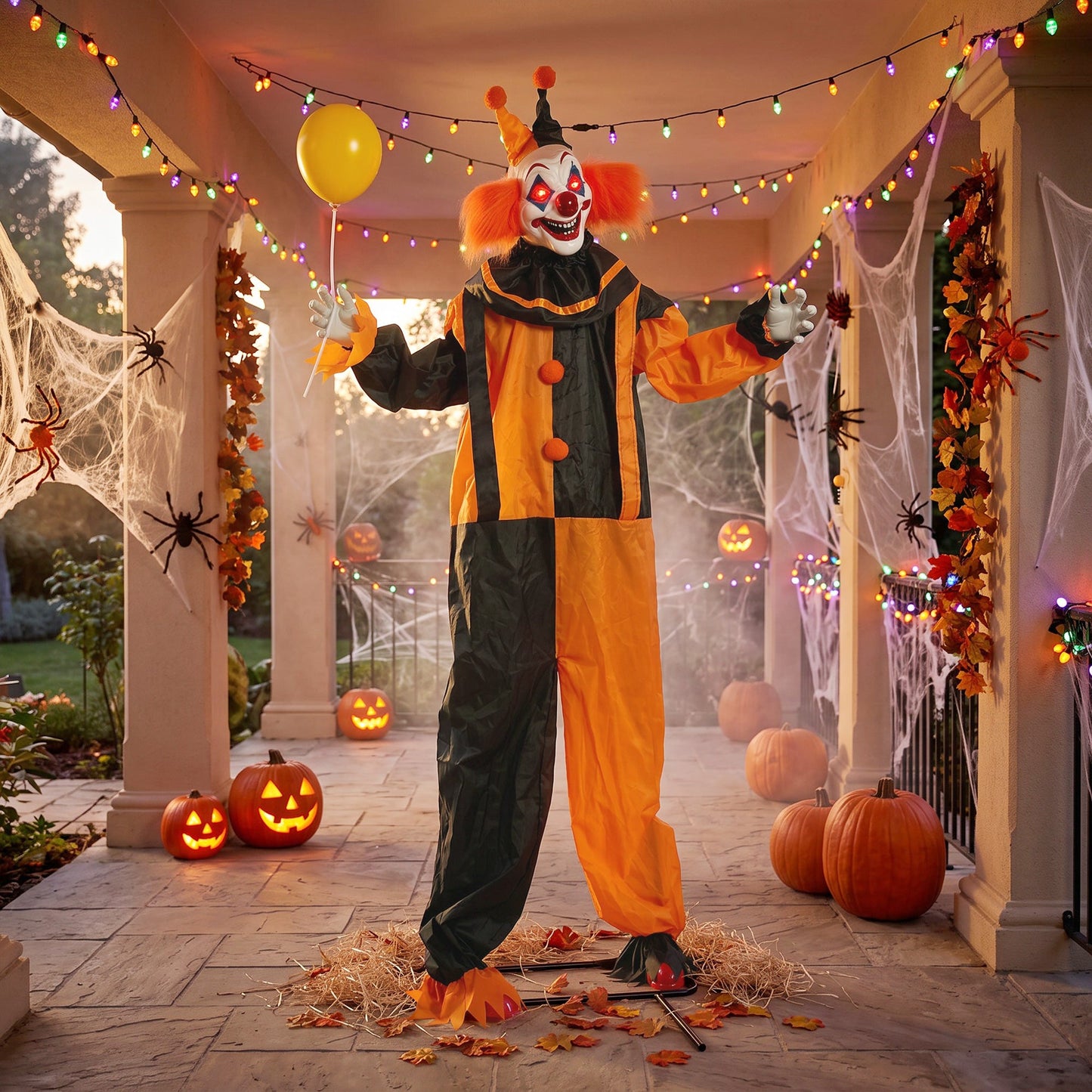 75"/190cm Life Size Animated Clown Halloween Decorations Outdoor Indoor, Scary Halloween Animatronics Decor with Sound Touch Activated, Red Light Up Eyes, Animated Prop for Haunted House Garden
