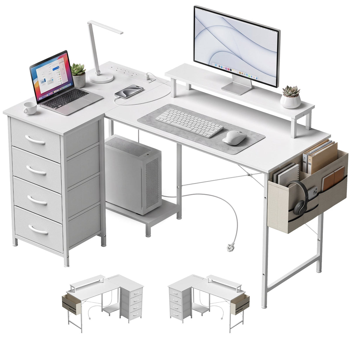 Reversible L Shaped Desk with Drawers, 150 x 80 cm Corner Computer Desk with Power Outlets & USB Ports, Monitor Shelf, Home Office Workstation, PC Stand for Gaming, Study, White