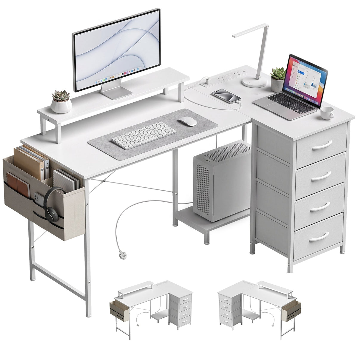 Reversible L Shaped Desk with Drawers, 150 x 80 cm Corner Computer Desk with Power Outlets & USB Ports, Monitor Shelf, Home Office Workstation, PC Stand for Gaming, Study, White