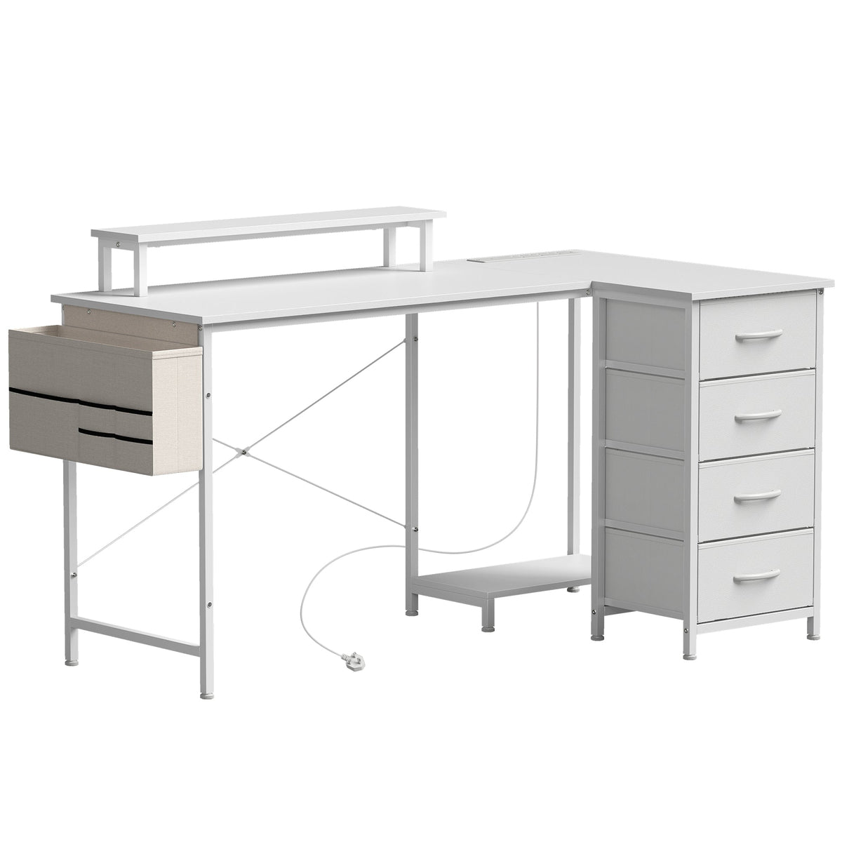Reversible L Shaped Desk with Drawers, 150 x 80 cm Corner Computer Desk with Power Outlets & USB Ports, Monitor Shelf, Home Office Workstation, PC Stand for Gaming, Study, White